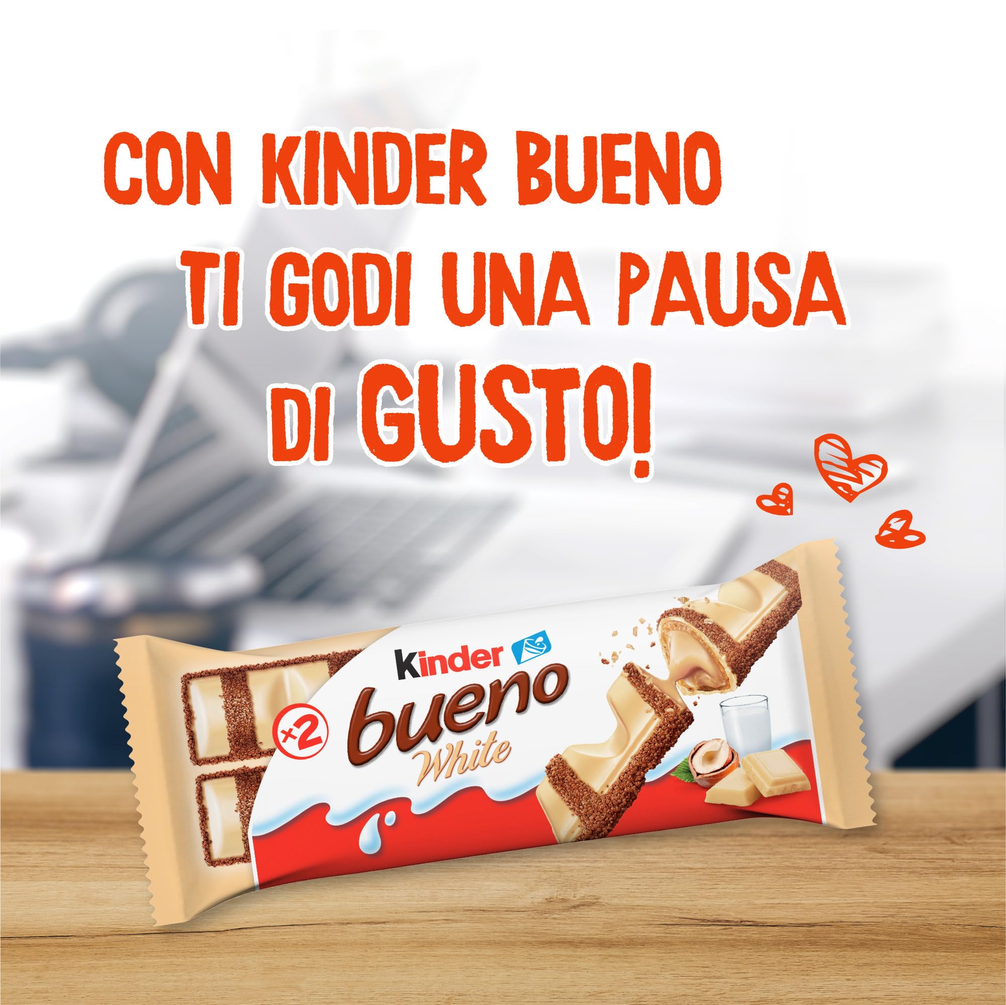 Kinder Bueno White, Snack al Cioccolato Bianco e Nocciole, un Wafer Ripieno di Crema alle Nocciole Ricoperto da Cioccolato Bianco e Granella Meringata al Cacao, Pacco 30 Confezioni