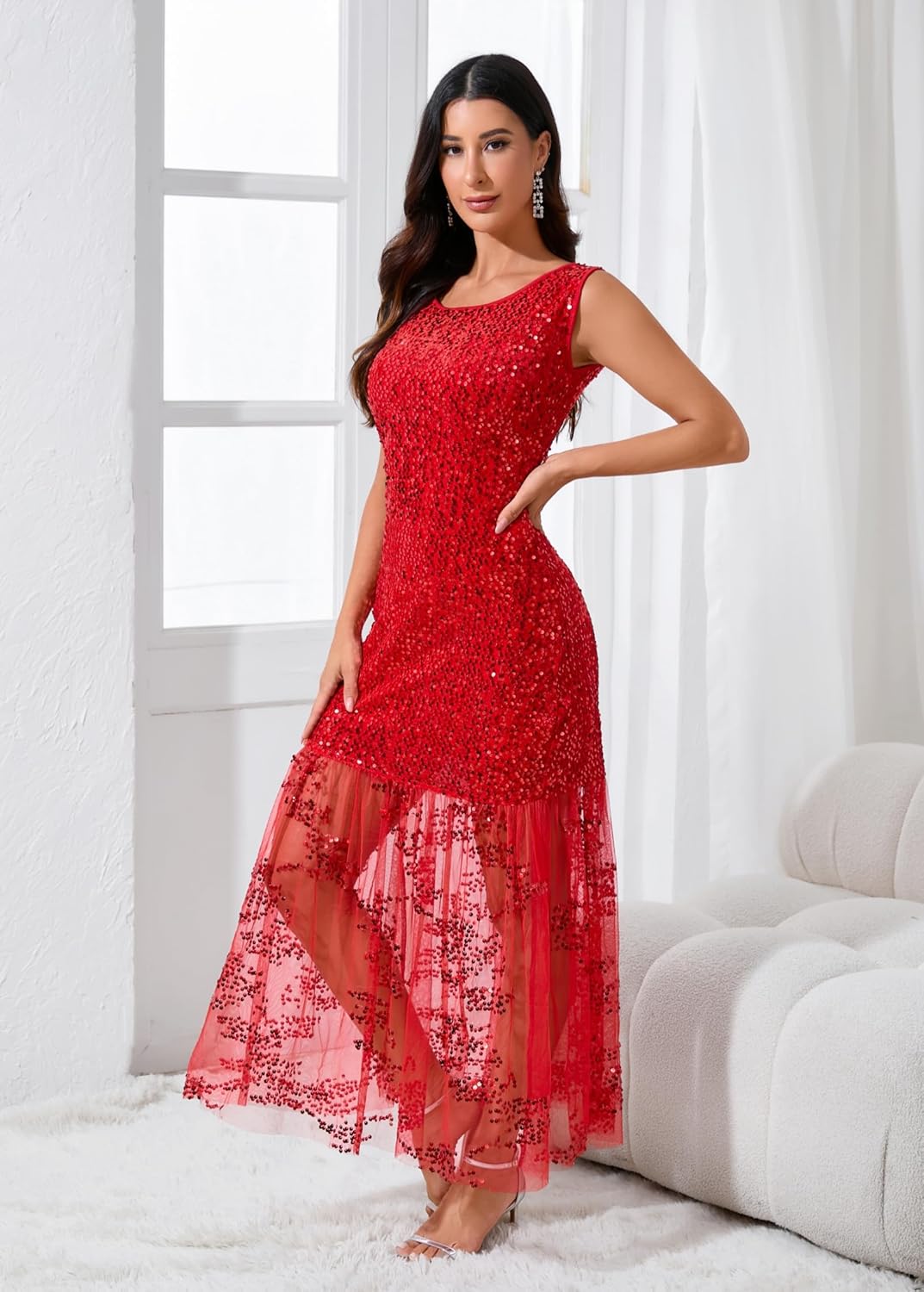 Women's Sequin Tulle Round Neck Sleeveless Gowns Ruffle Mesh Hem Evening Party Maxi Dress - Image 3