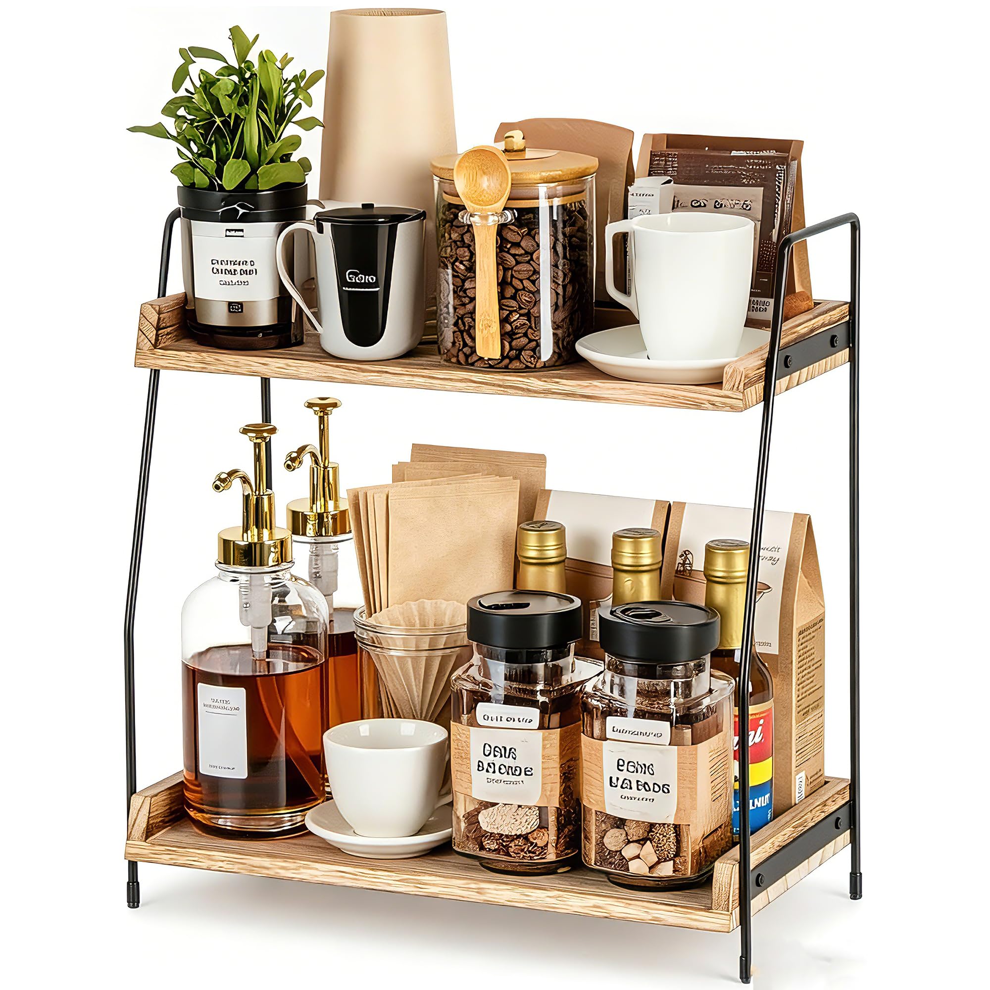 QUALLON Coffee Bar Accessories and Organizer, Coffee Station Organizer 2 Tier Bathroom Counter Organizer, Wood Coffee Tray, Bathroom Vanity Organizer,