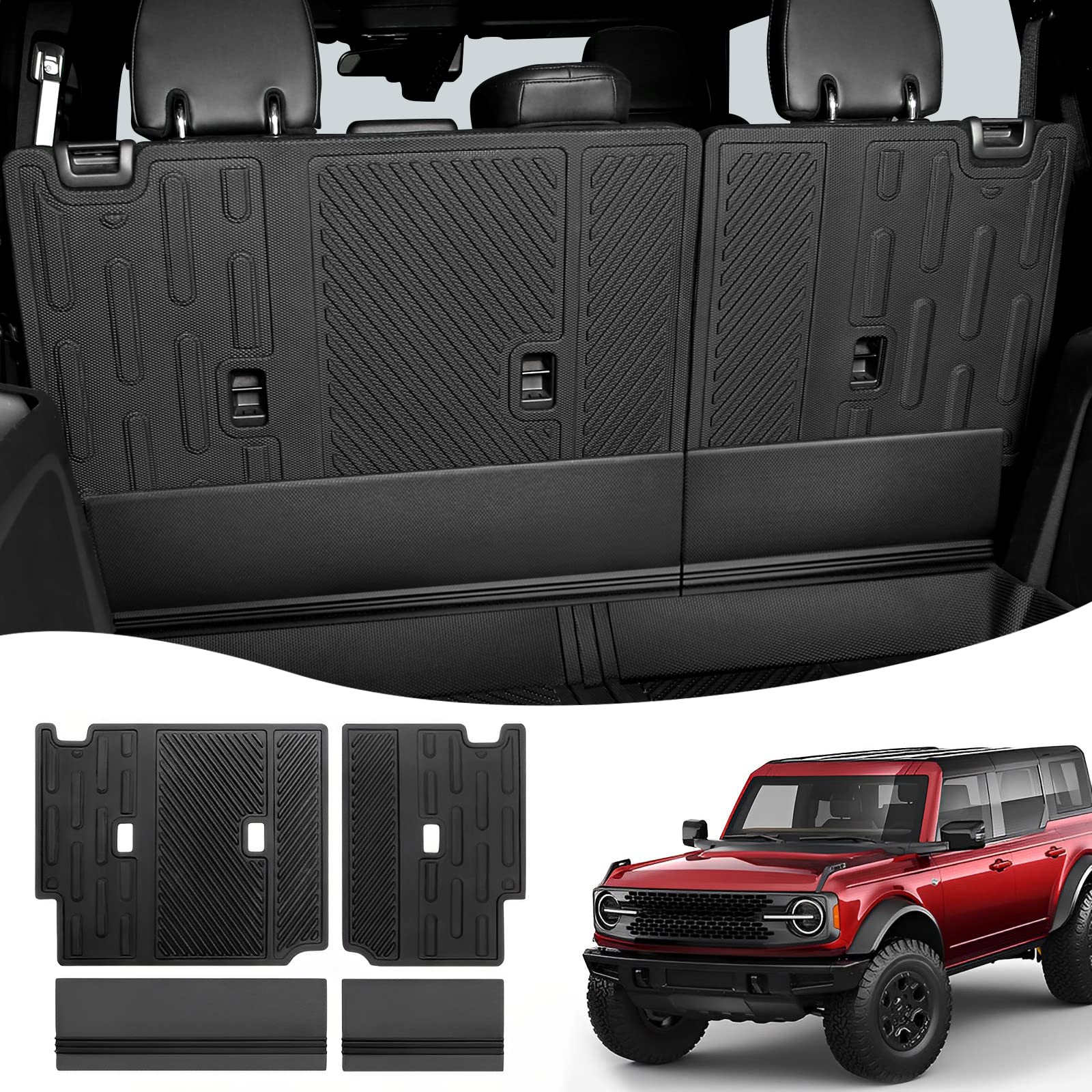 OUSUWO fit for 2021-2022 Ford Bronco Cargo Liner Rear Trunk Mats All Weather Cargo Mats for Bronco Back Seat Protector Accessories 4 Doors (Backrest Mats)