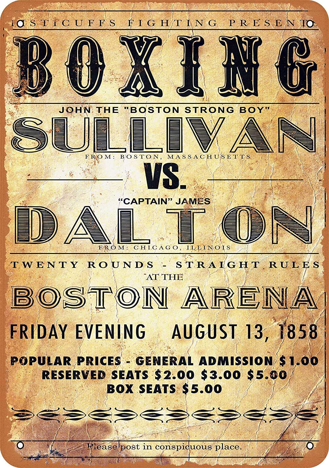 1858 Boxing John Sullivan vs. James Dalton Vintage Look Novelty Metal Sign for Home 8 x 12 Tin Sign Man Cave