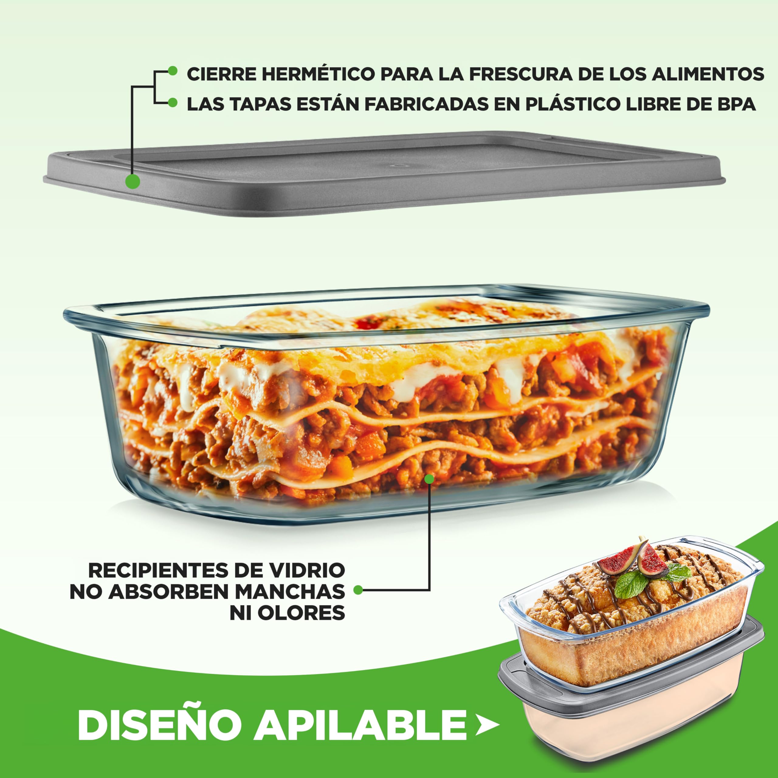 Nutrichef Moldes Rectangulares para Pan con Tapas Herméticas, Set de 4 Piezas, Tuppers de Cristal Resistentes Apilables, Aptos para Horno, Microondas, Lavajillas y Congelador, Libres de BPA, 1.83 L