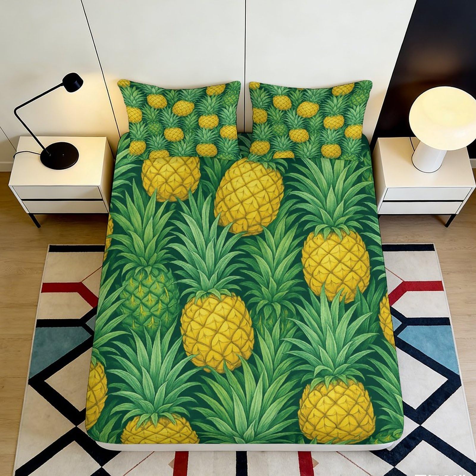 3D Printed Pineapple Green Fitted Sheet Microfiber Soft Breathable Tropical Fruit Bed Cover for Bedroom Dorm Room Decor 90x200x25cm