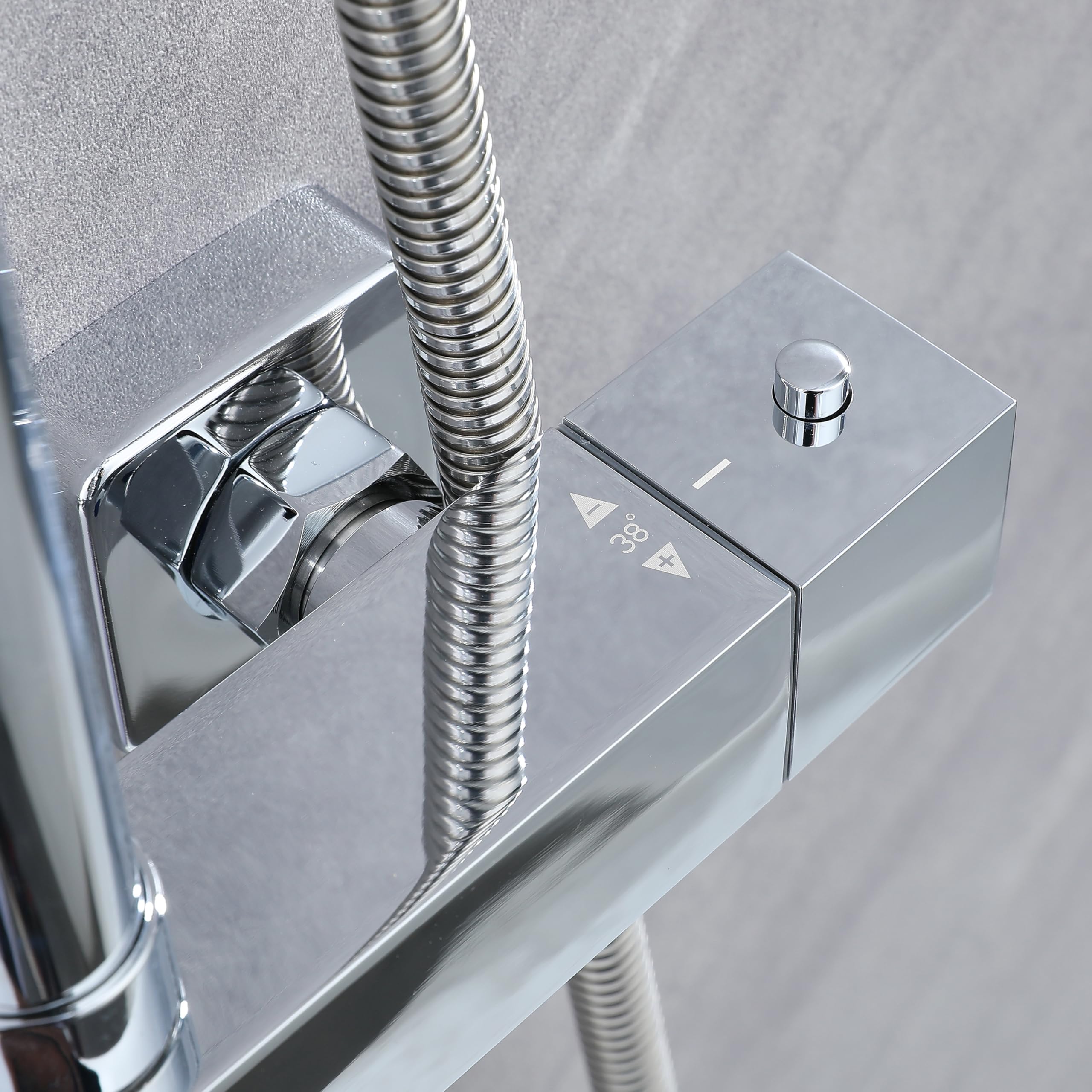 Aica Sanitarios Columna de Ducha con Termostato 38℃, Cuadrada Plata Alcachofa Superior, Ducha de Baño, Barra ajustable