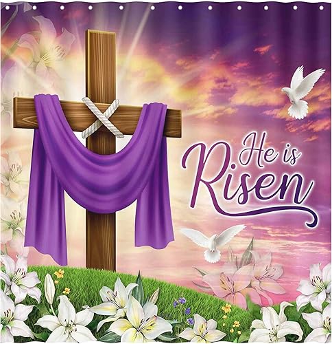 ZTHMOE Cortina de ducha de Pascua con texto en inglés He is Risen para baño, primavera, cristiana, lirio, Jesús, decoración del hogar, juego de