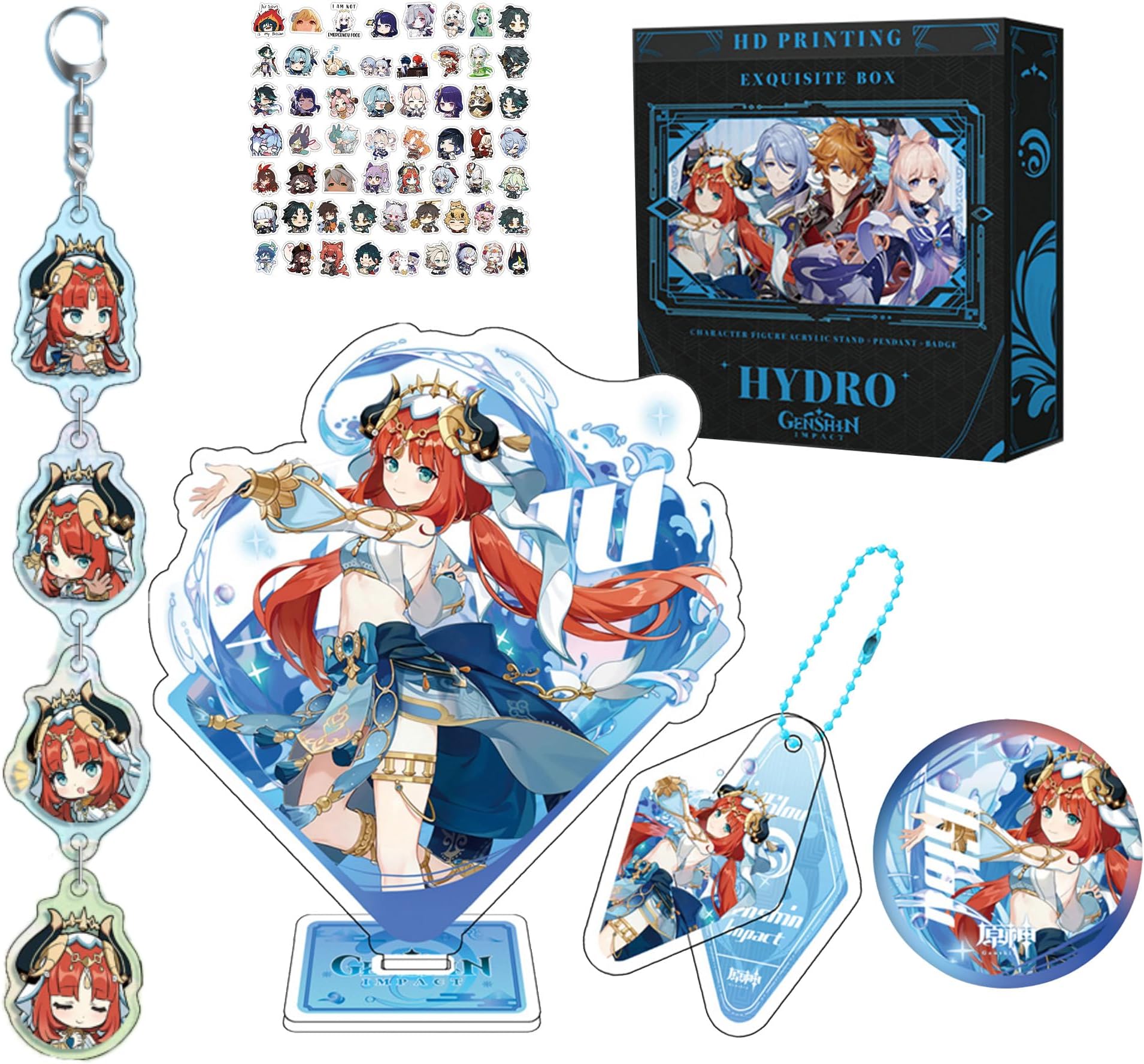 NoteDiGenshin Impact Merch Gift Box Include Stickers Keychain Pendant Badge And Acrylic Stand Figure