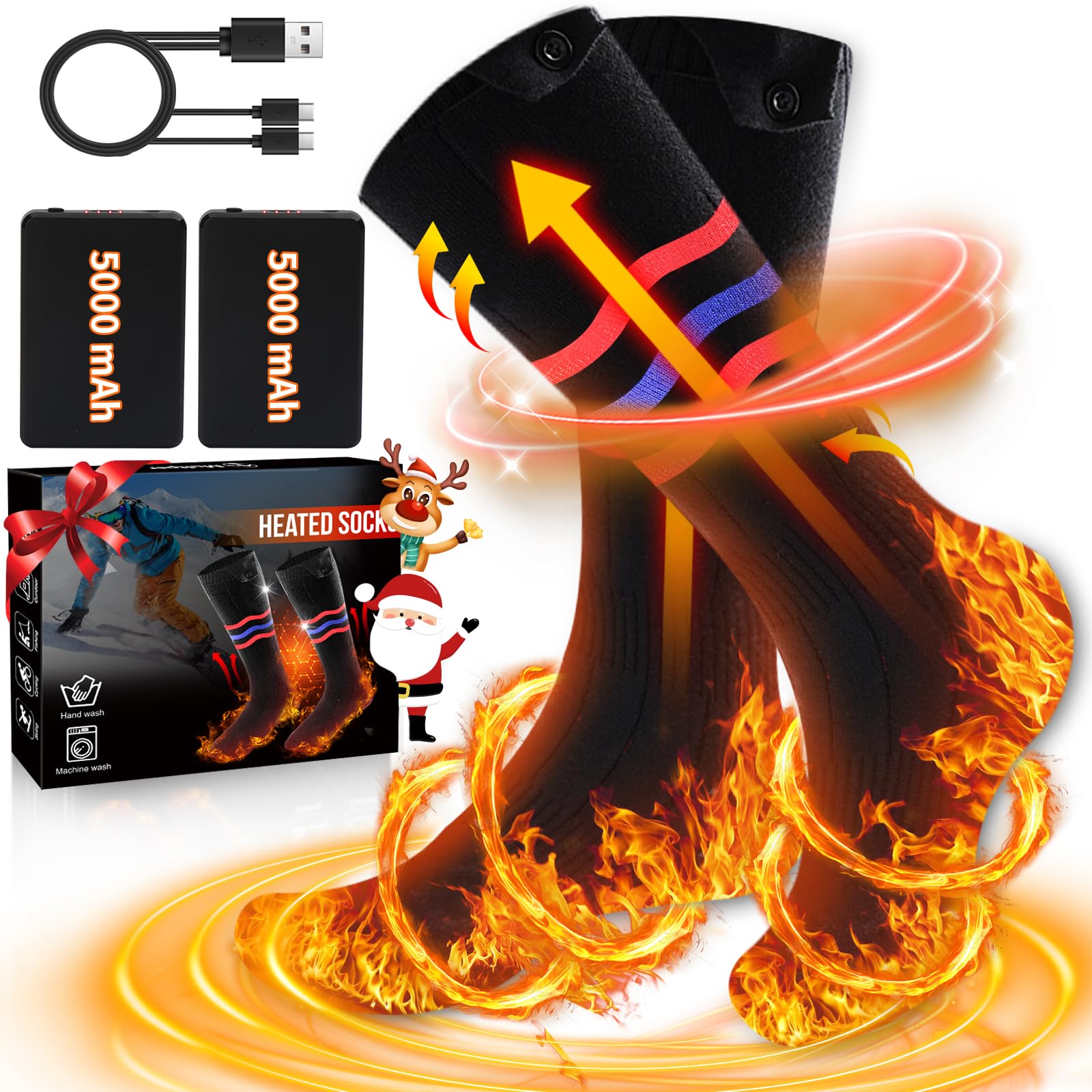 BIBURY Chaussettes Chauffantes Homme Femme, 2×5000mAh Chaussette Chauffante Rechargeables, 3 Niveaux de Chauffe, Lavables Chaussettes Thermiques, Chauffe Pied pour Sports, Ski, Camping, Moto, Cyclisme