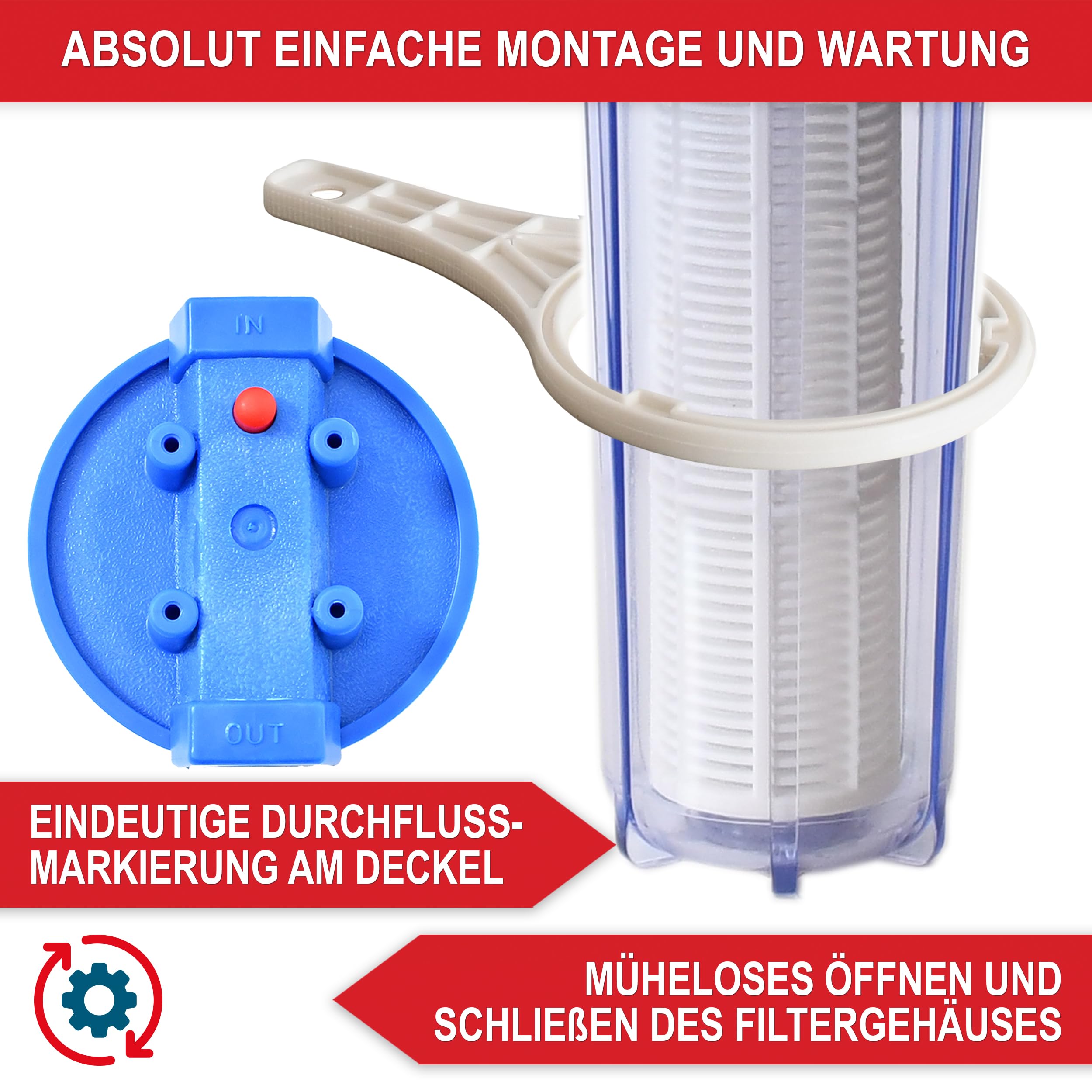 ONBEST Wasserfilter – 6000 l/h – 5,5 bar – 1 Zoll Anschluss Messinggewinde - auswaschbare Filterkartusche – Inkl. 2 Adapter & Filterschlüssel - Idealer Schutz für Pumpen, Hauswasserwerk & Co