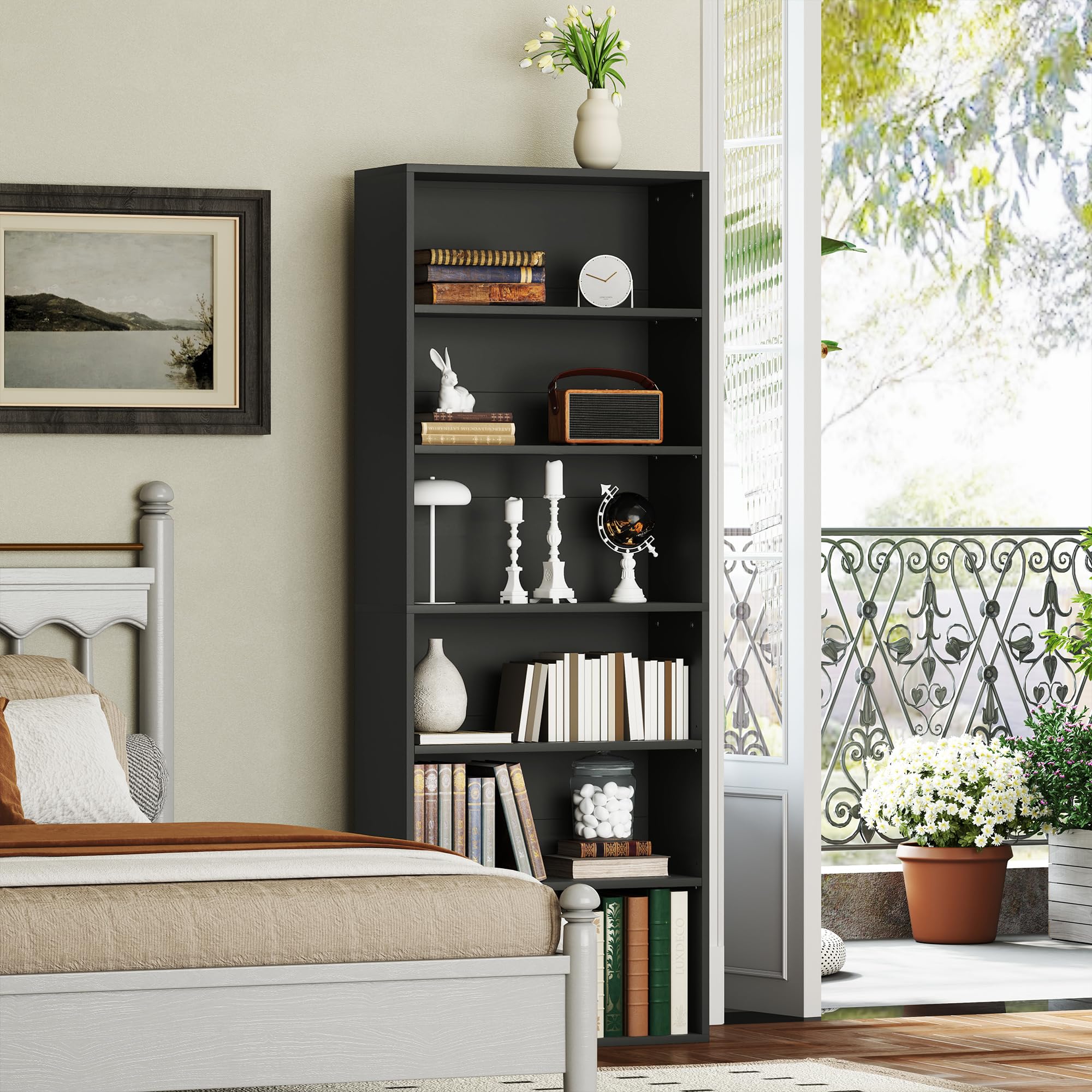 HOMCOM Bibliothèque Étagère de Rangement 60x24x158,5cm Noir | Avec 6 Compartiments, Étagère Réglable, Meuble de Rangement, pour Bureau, Salon, Chambre