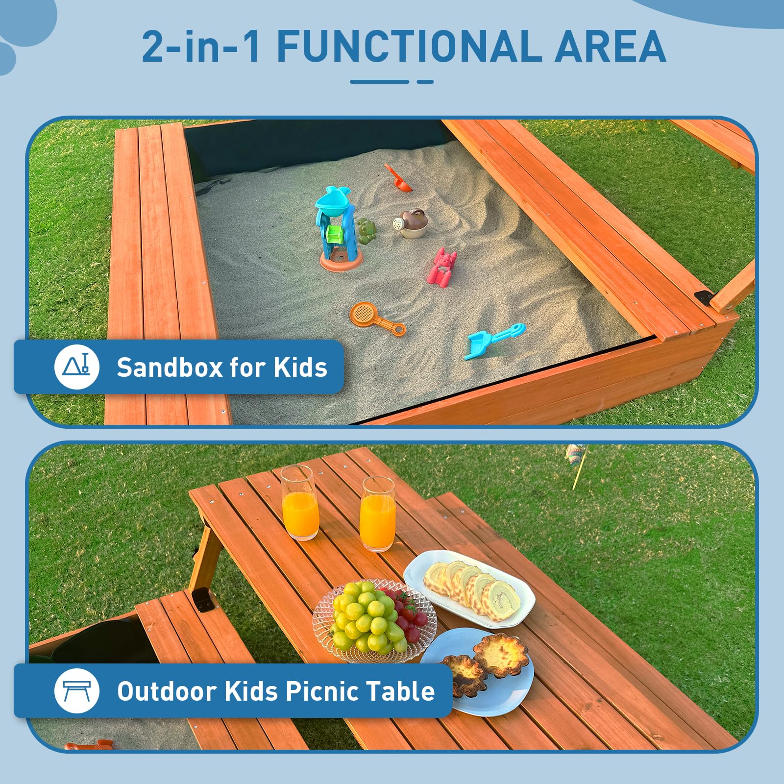 FunXplore Wooden Kids Sandbox with Lid Sand Box with Cover Outdoor Sand Pit with Picnic Table Ages 4-8 Bottom Liner