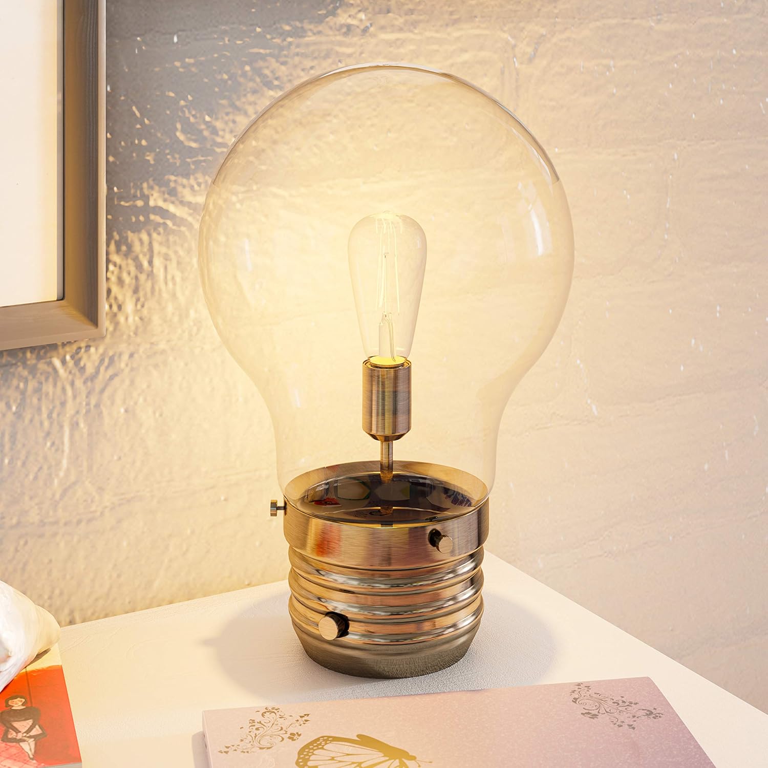 Kenroy Home 32462AB Edison Table Lamp with Antique Brass Finish, Rustic Style, 18" Height, 11.438" Width, 11.438" Depth