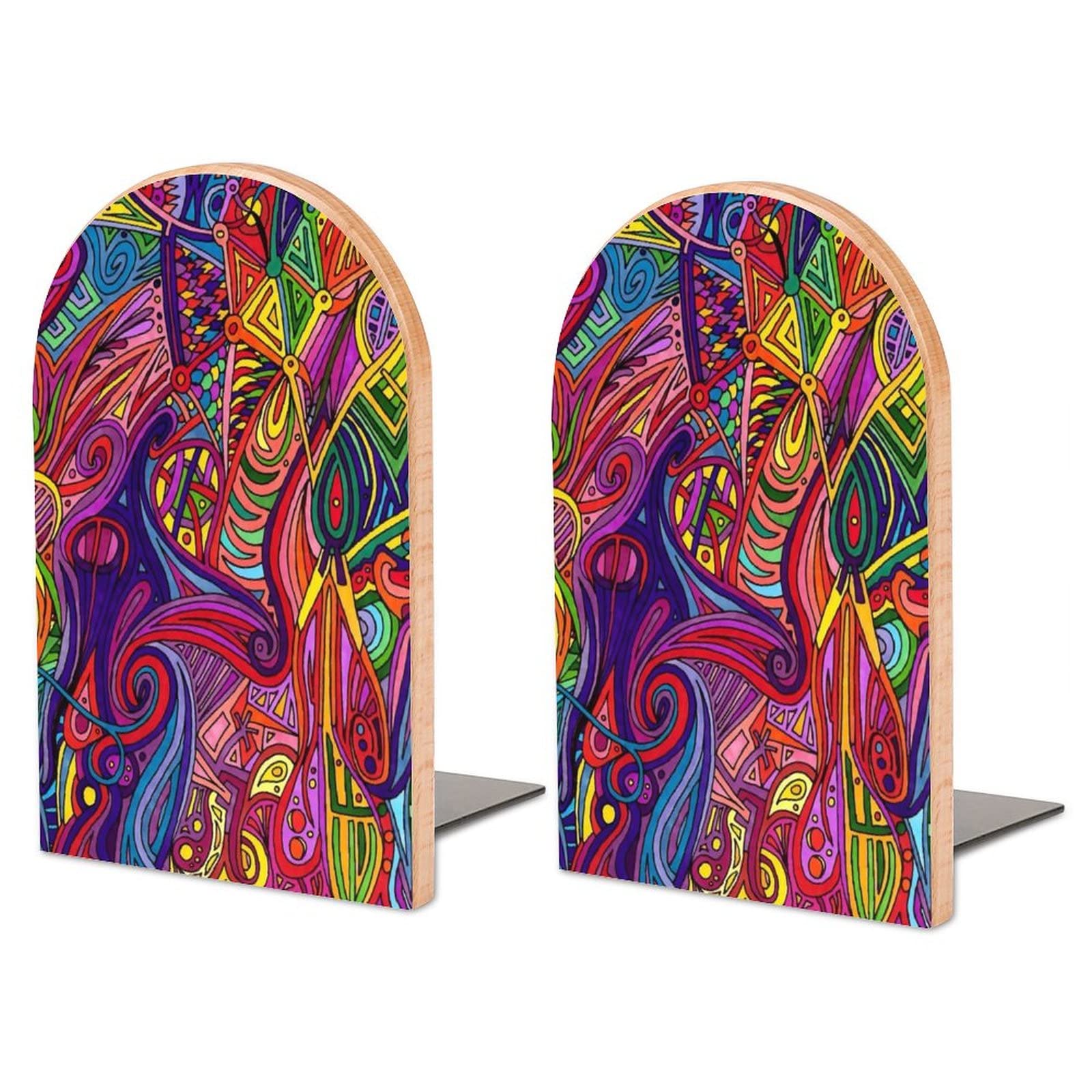 Psychedelic Wonderland Bookends Heavy Duty Book Stand 1 Pair for Home Office Shelves Decorative