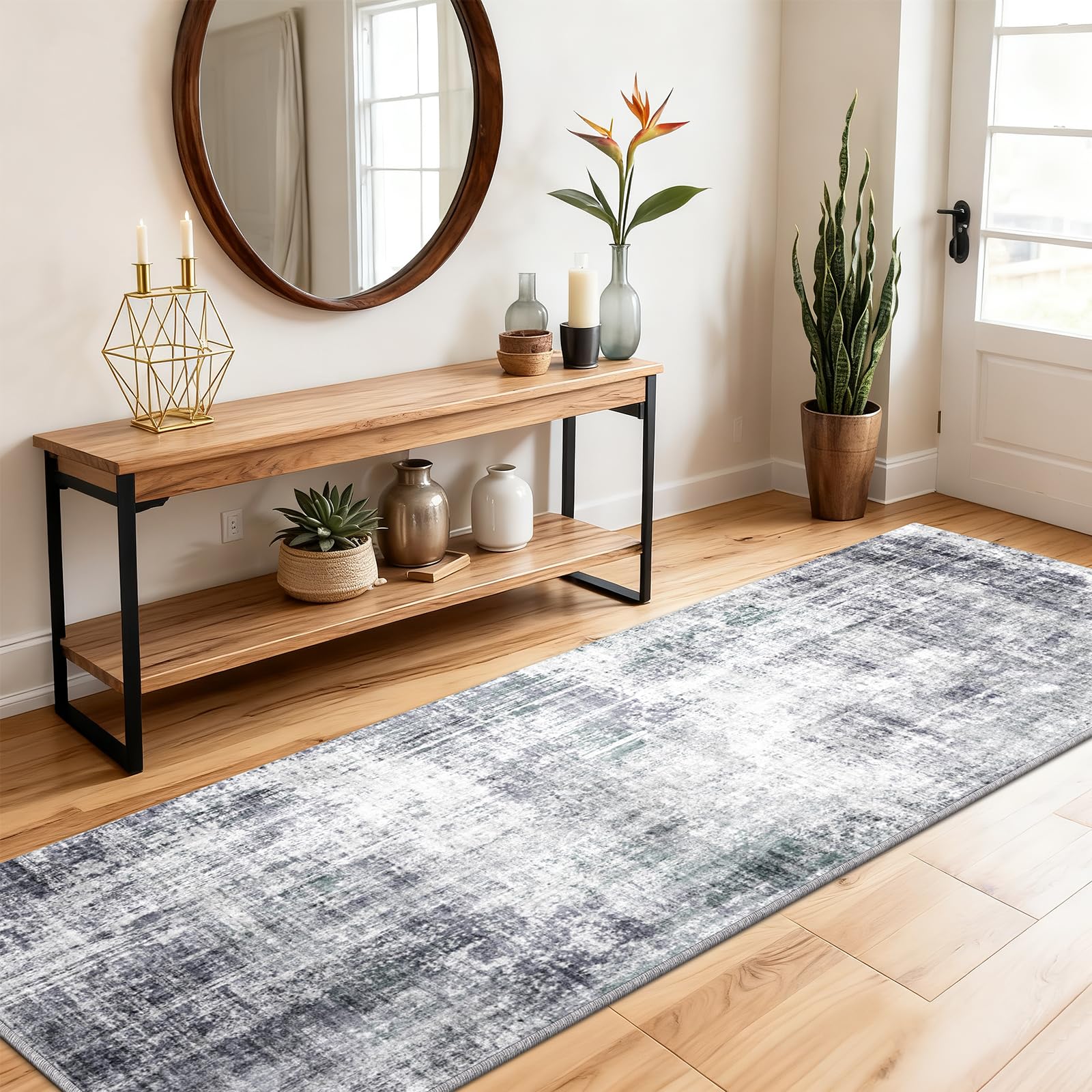 SOANNY Runner Rug, 60x180 cm Abstract Low Pile Carpet, Non-Slip Washable Area Mat for Bedroom, Hallway, Kitchen, Laundry, Entryway, Utility, Beside Sofa, Office, Light Grey — image 1