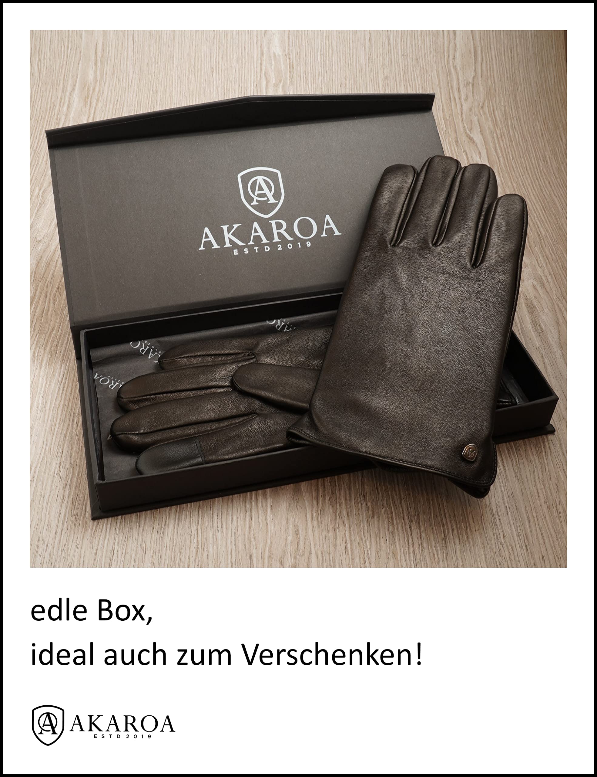 AKAROA ESTD 2019 Męskie rękawiczki skórzane TIM, funkcja dotykowa, włoska skóra, z recyklingu podszewka z dzianiny z 50% kaszmiru i 50% wełny, 5 rozmiarów S - XXL
