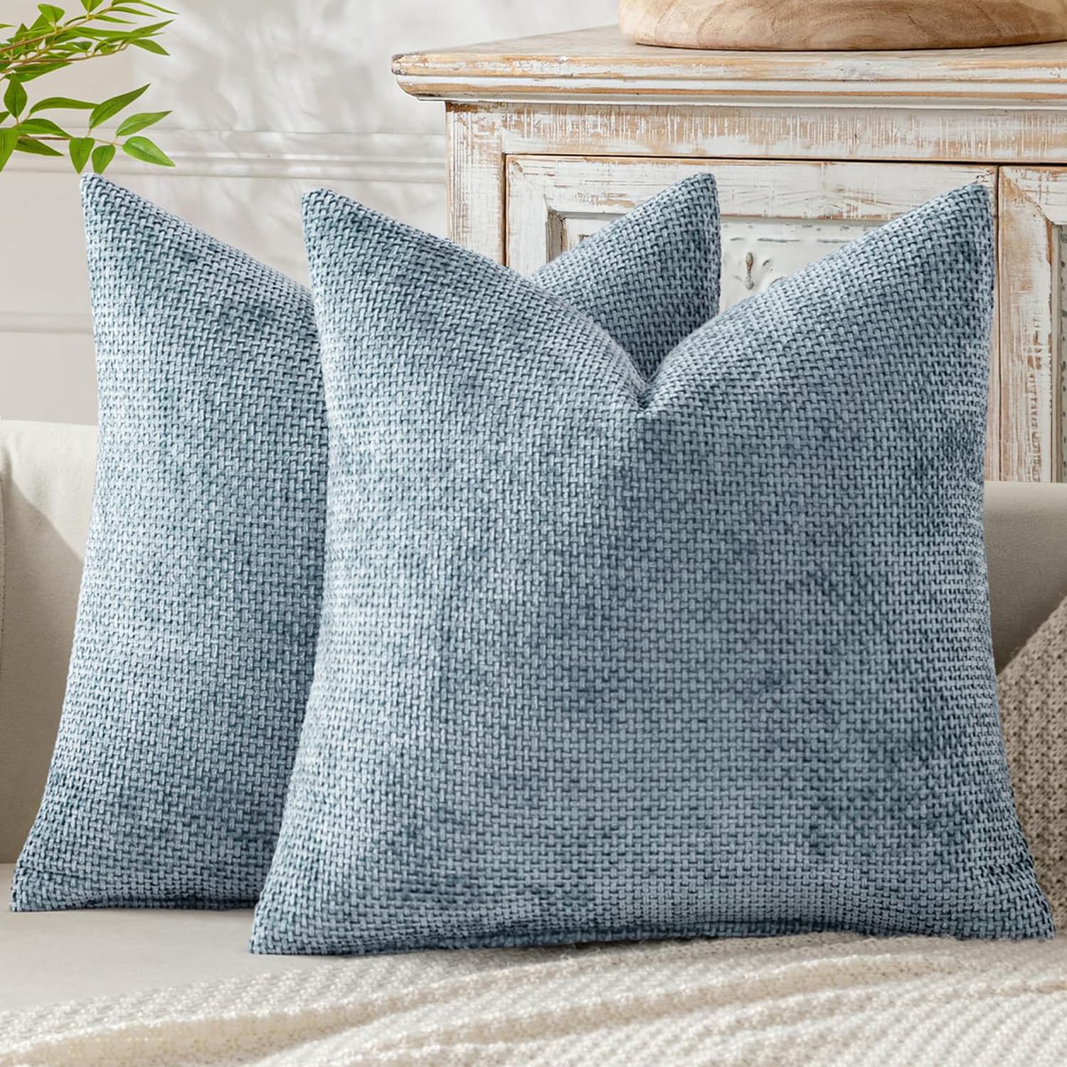 MIULEE Pack of 2 Couch Throw Pillow Covers 18x18 Inch Coastal Light Blue Modern Boho Accent Decorative Pillow Covers Soft Chenille Farmhouse Cushion