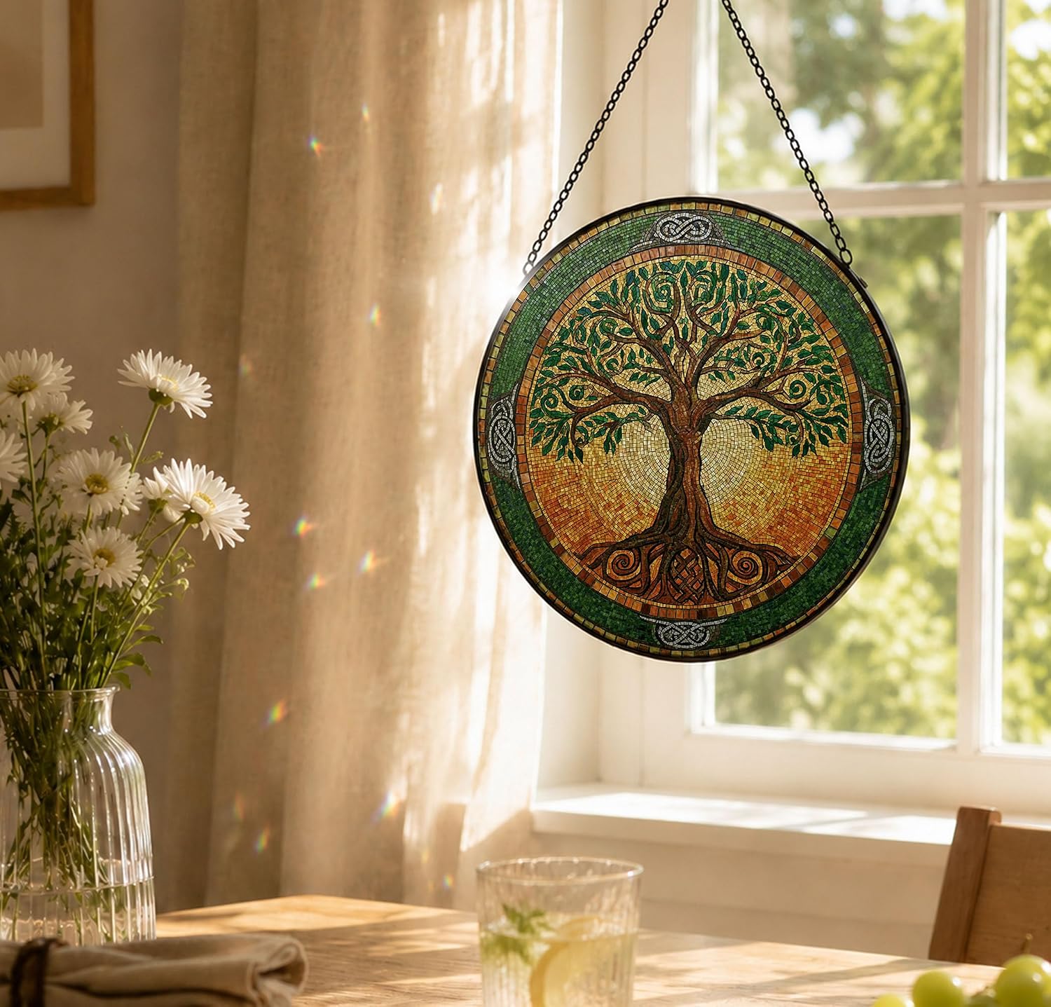 Vintage Tree of Life Stained Glass Suncatcher Window Hanging