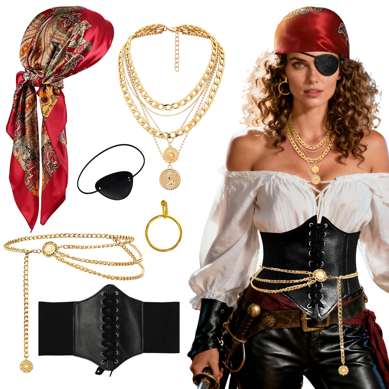 GYIOFAI 6 Pcs Pirate Costume Accessories for Women Pirates Bandana Neckalce Earrings Corset Waist Chain Eye Patch for Carnival Halloween Cosplay Party (Red)