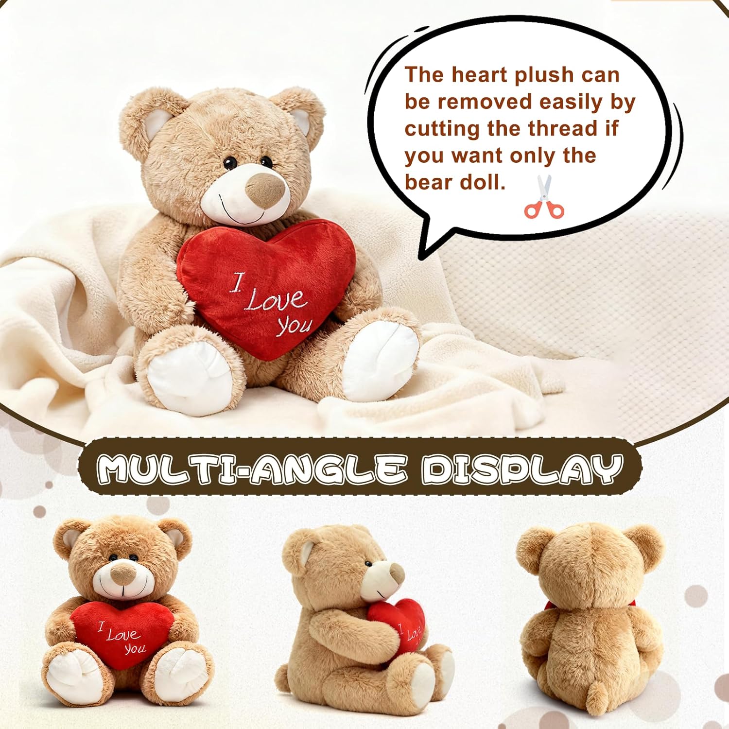 I Love You! 10'' Teddy Bear with Red Heart, Soft Plush Bear Doll Stuffed Animal Toys, Gifts for Her/Girlfriend Lover Mom Kids (Light Brown) - Image 2