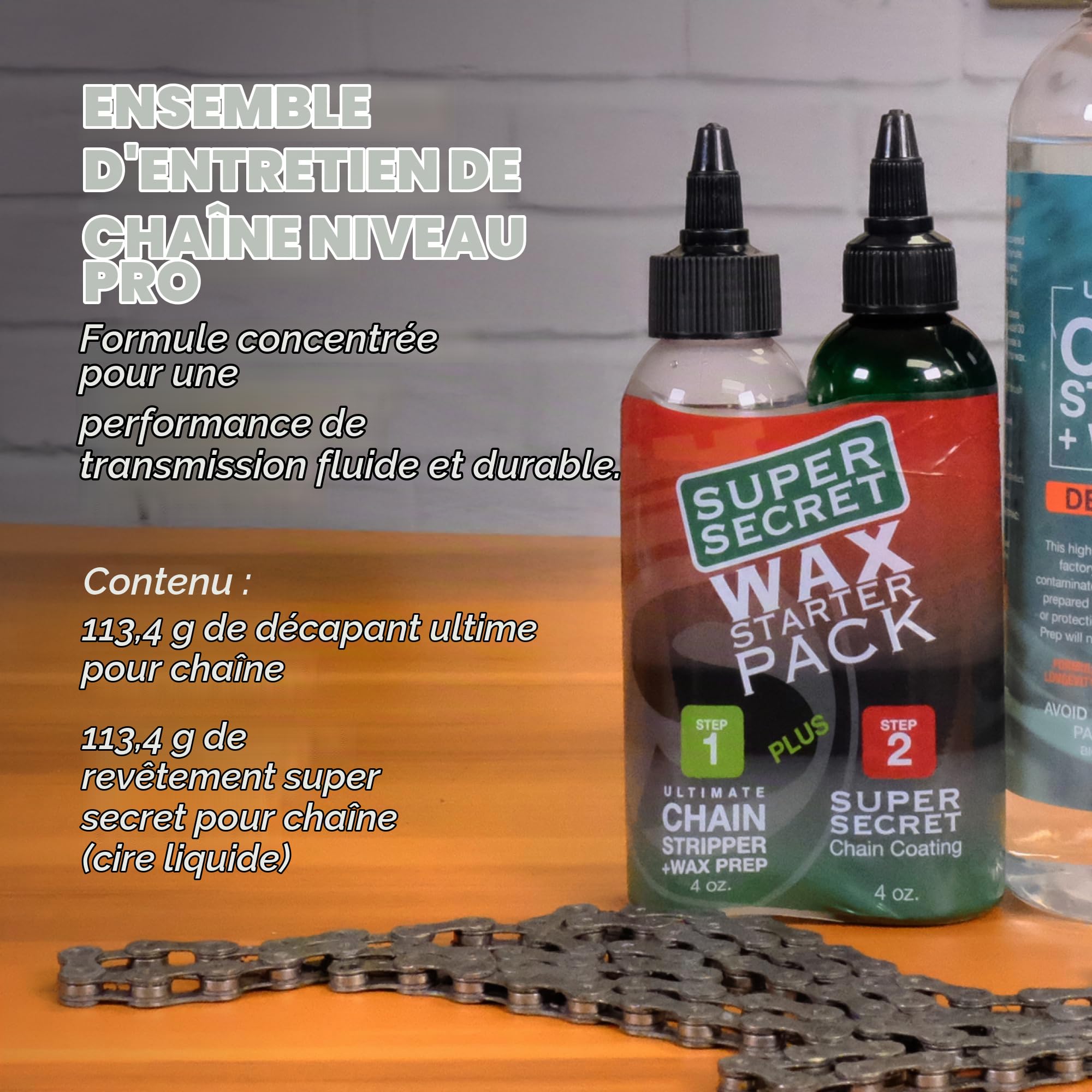 SILCA Pro Décapant de chaîne de vélo |nettoyer en 10 minutes, égoutter et rincer à l'eau |Technologie de nettoyage Lift and Encapsulate | Bouteilles de décapant de 4 oz et de cire Super Secret de 4 oz