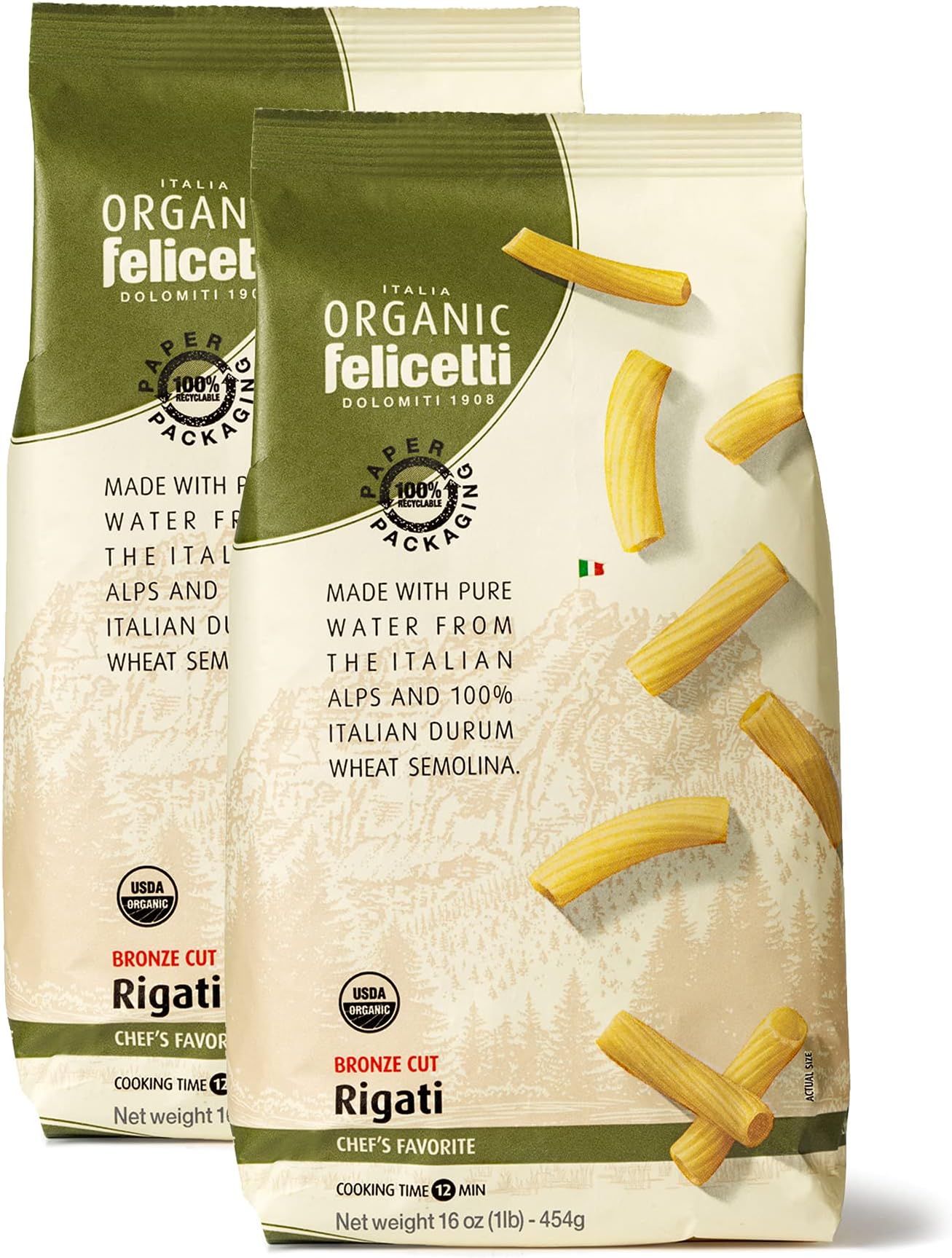 Organic Felicetti Rigati Pasta Italian Non-GMO 16oz (454g) 2 Pack