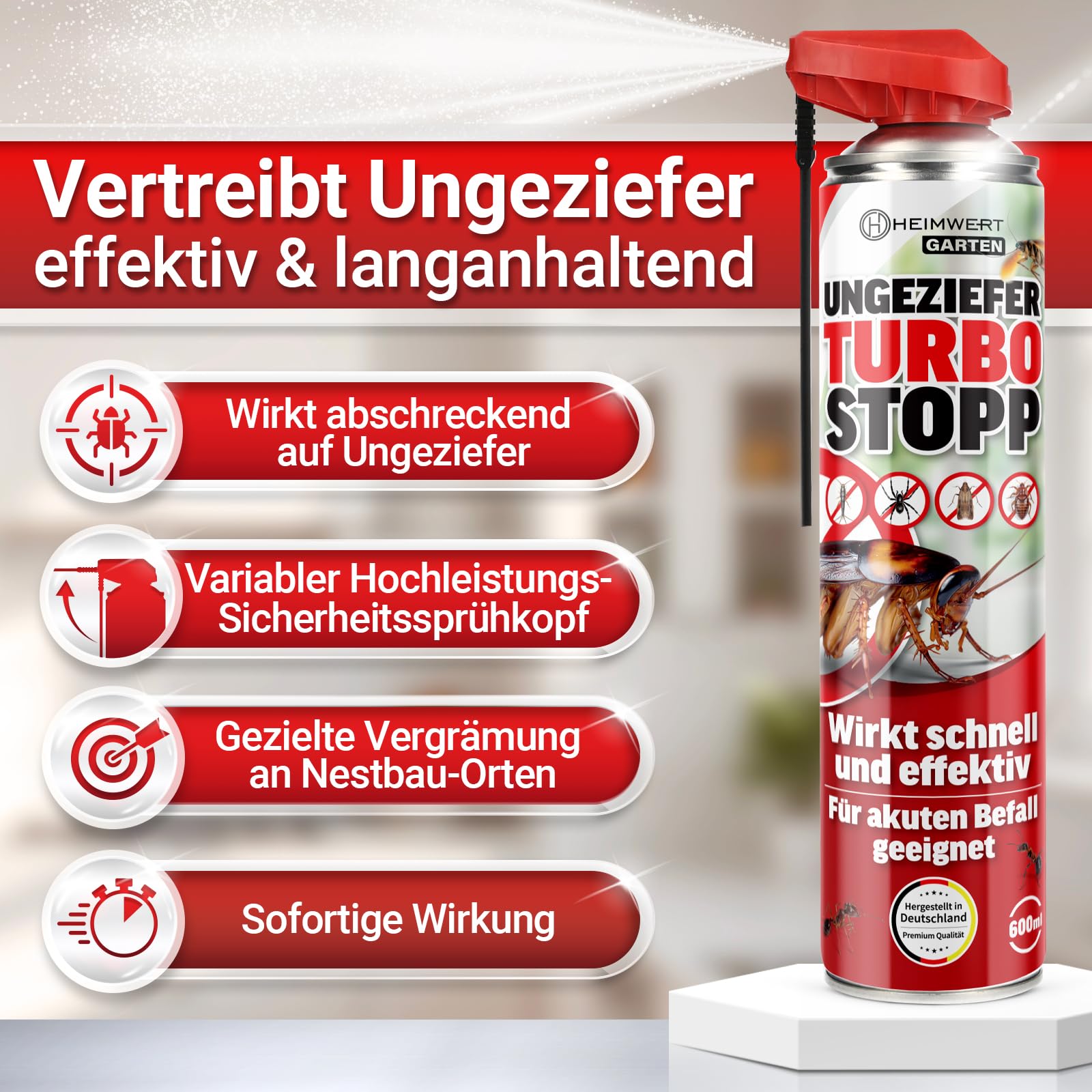 HEIMWERT Insektenspray Akut gegen Ungeziefer – Sofortige Wirkung mit Langzeitschutz gegen Ameisen, Mücken, Fliegen, Silberfische, Spinnen uvam - Spray Mittel für Wohnung + Garten 600 ml (2x600ml)