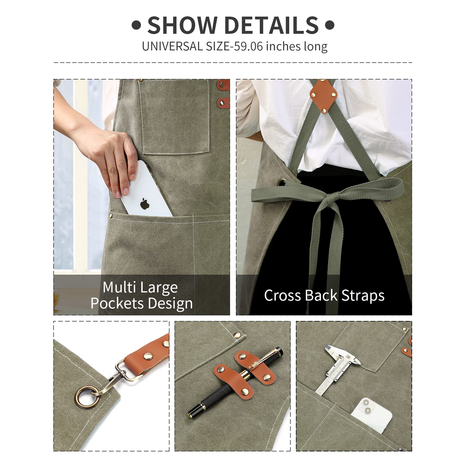 ZOMAO Delantal de chef, delantal de lona con espalda cruzada con bolsillos para hombres y mujeres, delantal de cocina para hornear, Gris Verde, M-XXL
