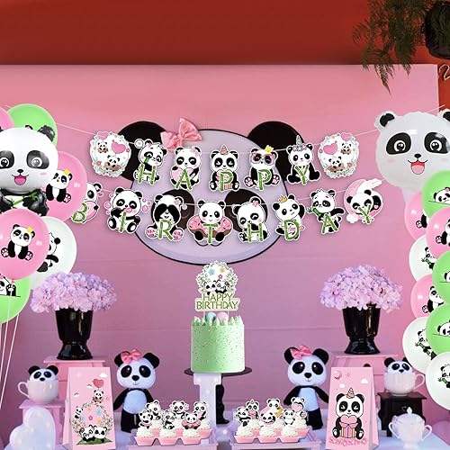 Miniatura 5 de KEFAN Decoraciones de fiesta de cumpleaños de panda para niñas, bonitos suministros de fiesta de panda, incluyendo pancarta, decoración de pasteles,