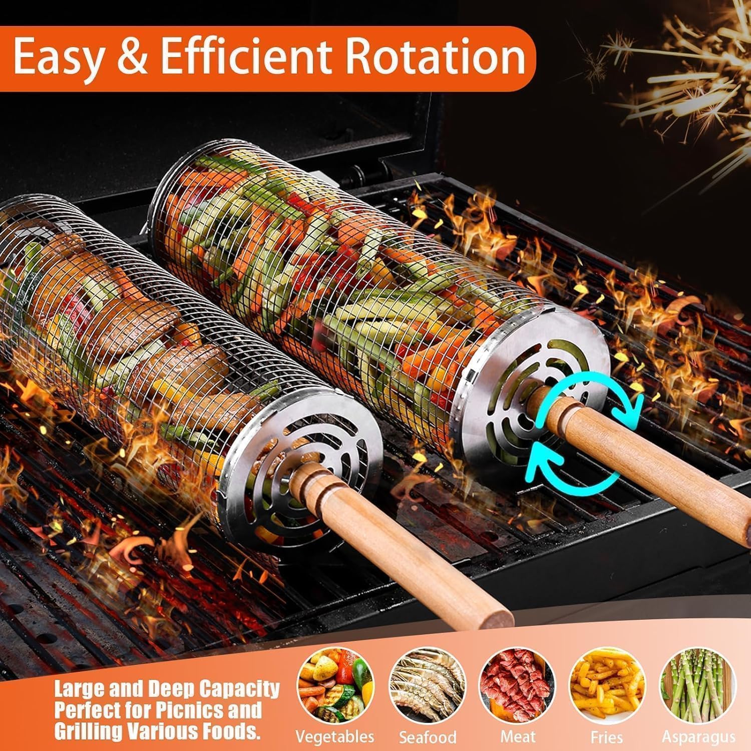Set 2 Cestelli per Griglia Impilabile Rotanti, Manici in Legno Rimovibili, Acciaio Inossidabile 304, Ideali per Gamberetti, Pesce e Carne, Verdure, Antiruggine, Regalo Perfetto per BBQ
