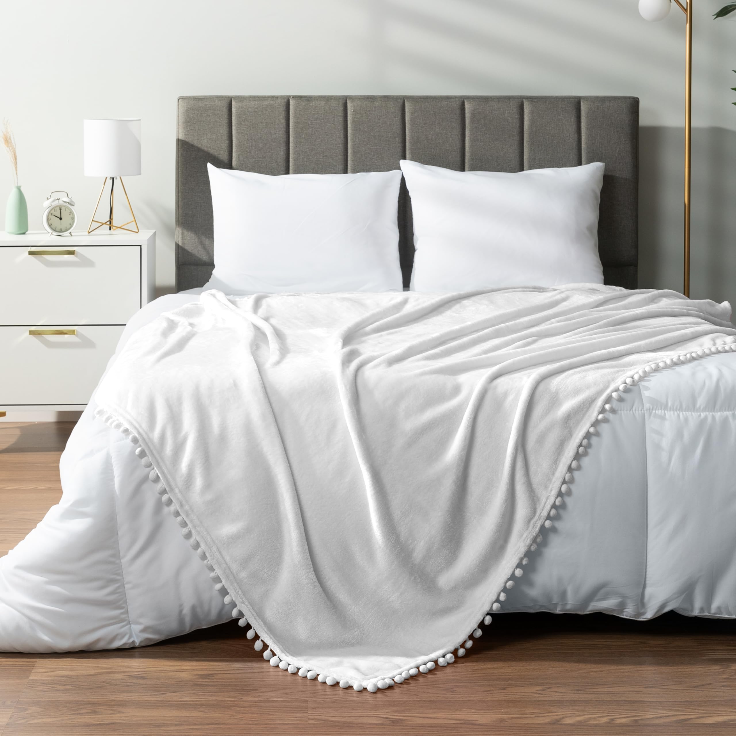 PAVILIA Fleece Throw Blanket for Couch with Pom Pom Fringe, White, Soft Cozy Fuzzy Flannel Blanket for Sofa Bed, Large Lightweight Plush All Season Throw, 60x80 Inches