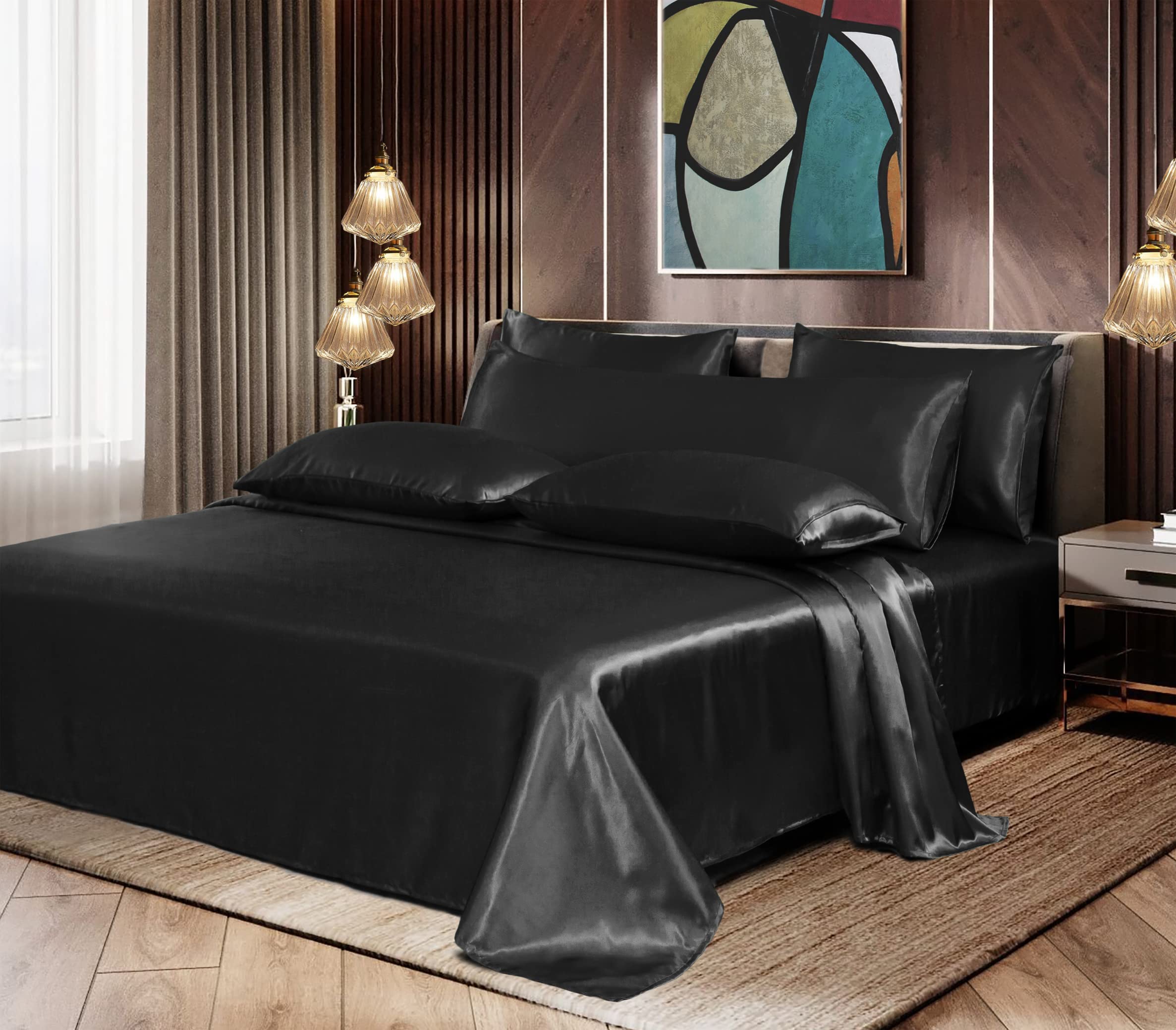 Homiest 7pcs Satin Sheets Full Size Bed Set Satin Sheet Set, Black Bed Sheets Luxury Silky Satin Bedding Set, 1 Deep Pocket Fitted Sheet, 1 Soft Flat Sheet, 4 Pillowcases, 1 Body Pillowcase