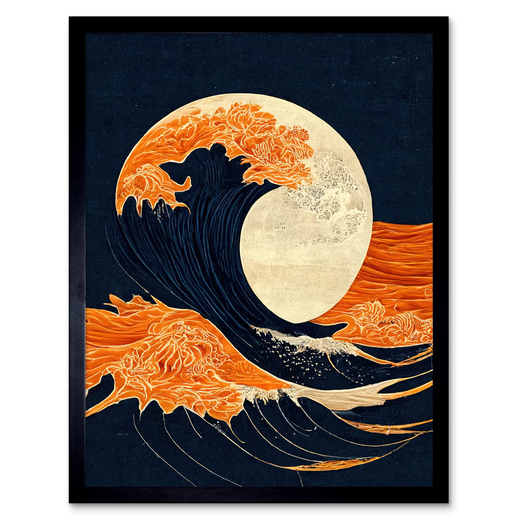 The Great Wave at Full Moon Wall Art Print - Modern Japan Seascape Woodblock Art - Framed