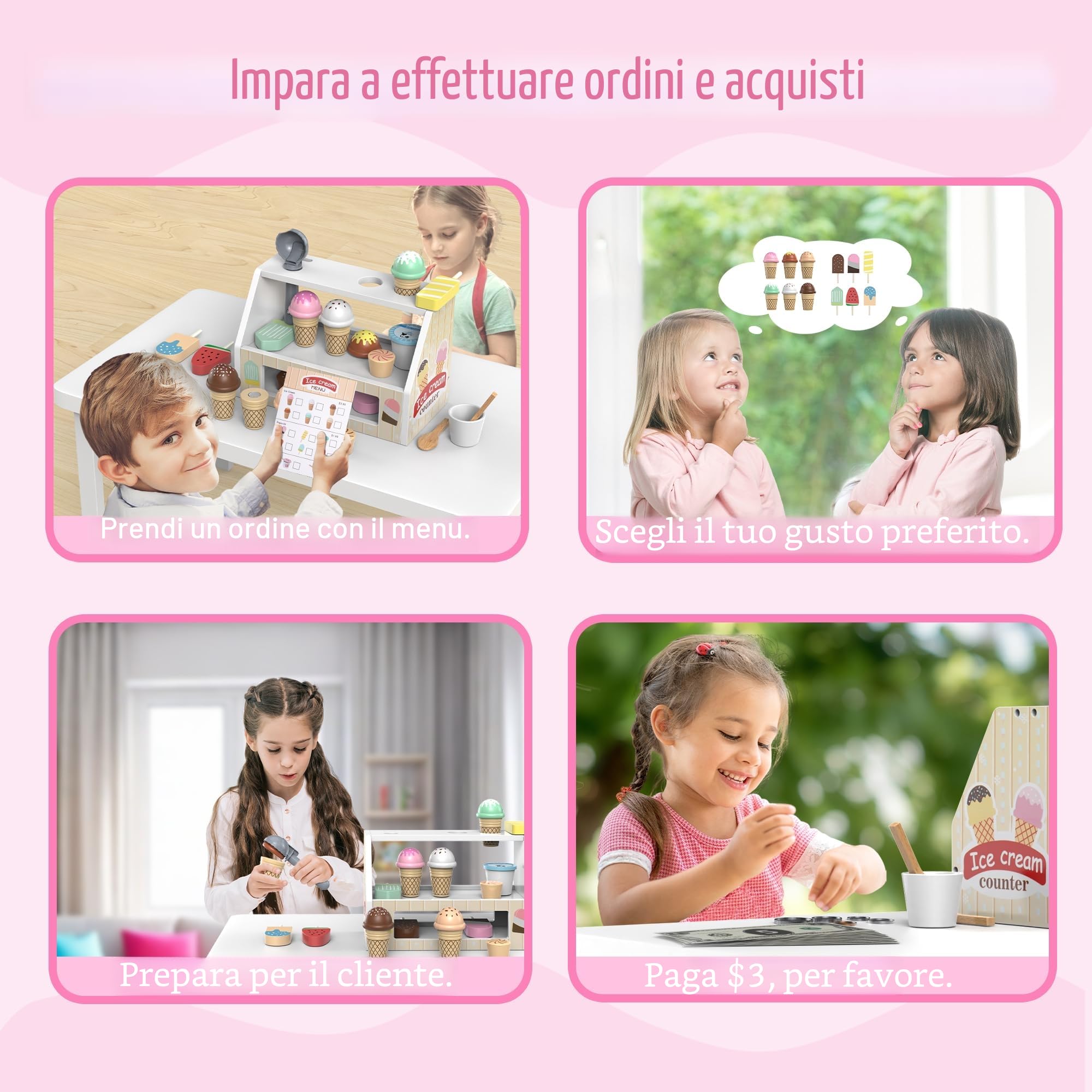 Gelateria giocattoli in legno per bambini da 3 4 5 6 anni ragazzi ragazze, accessori da cucina per bambini, negozio per la spesa, accessori da cucina da gioco in legno