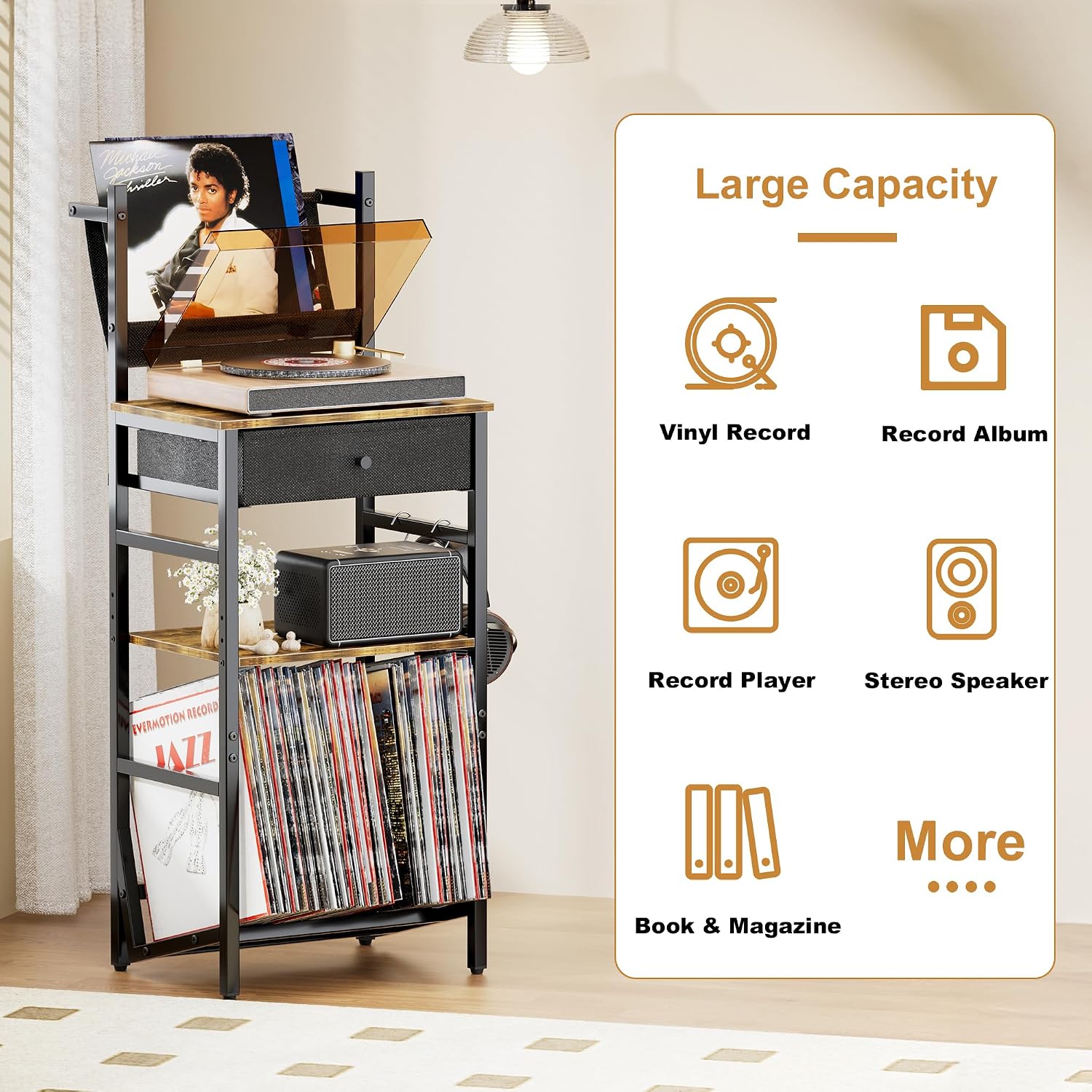 HYPIGO Record Player Storage Stand, Turntable Stand with Vinyl Record Storage for up to 200 Albums, 3-Tier Record Holder Display Shelf, End Table with Drawer for Living Room, Bedroom, Rustic Brown