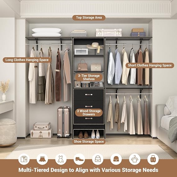 Closet System with 3 Drawers - 8FT Wood Closet Organizer with 3 Shelving Tower & Hanging Rods, 96 Walk-in Wardrobe Closet Organizer System for 4-8FT Spaces, Heavy Duty Garment Clothes Rack, Black