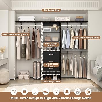 Closet System with 3 Drawers - 8FT Wood Closet Organizer with 3 Shelving Tower & Hanging Rods, 96 Walk-in Wardrobe Closet Organizer System for 4-8FT Spaces, Heavy Duty Garment Clothes Rack, Black