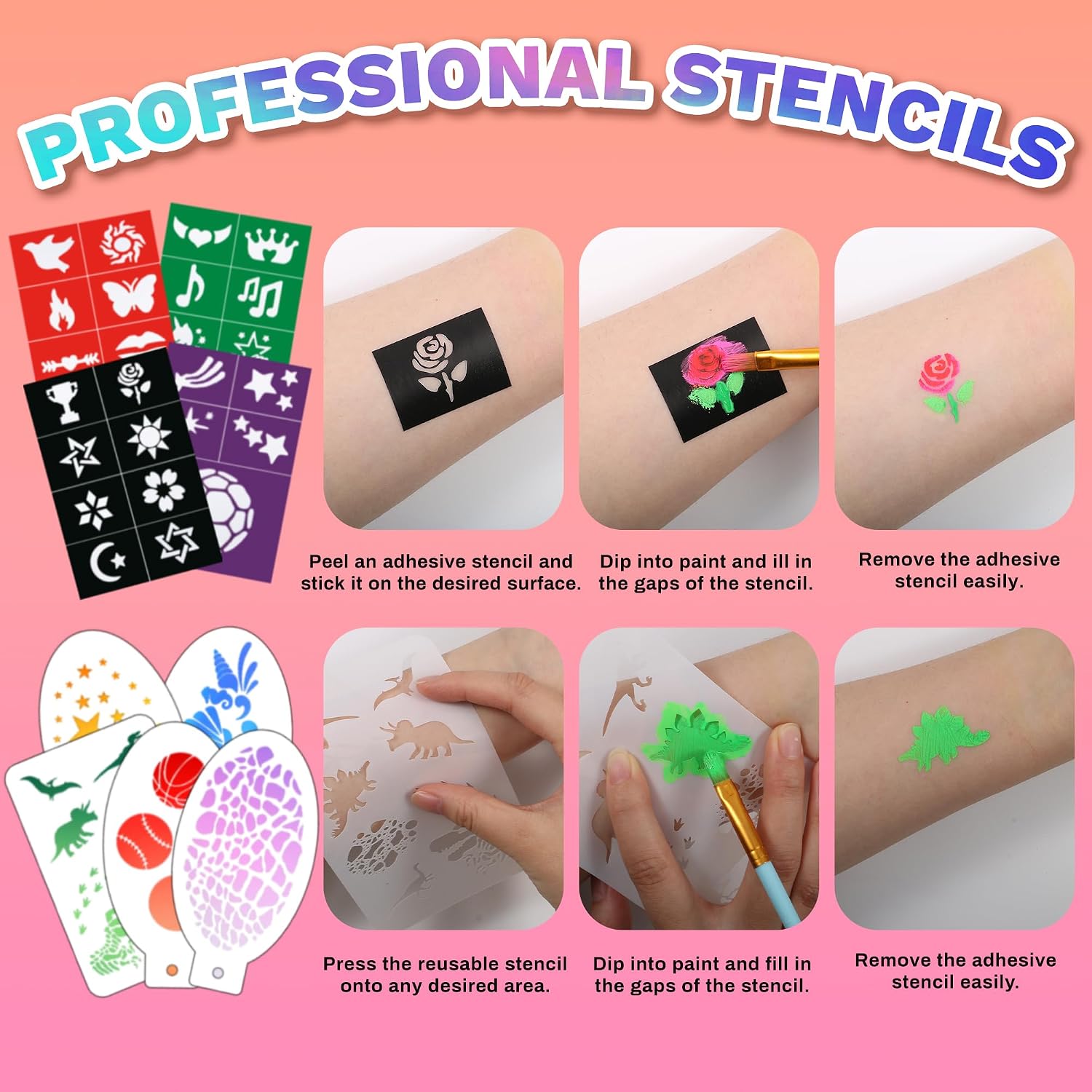 Face Painting Kit for Kids 28 Colors Water Based Non Toxic Face Paint Kit Professional Face Paint 6 colors Glitter Gel Hypoallergenic with Brushes Stencils Gems Sponges Safe for Halloween Party