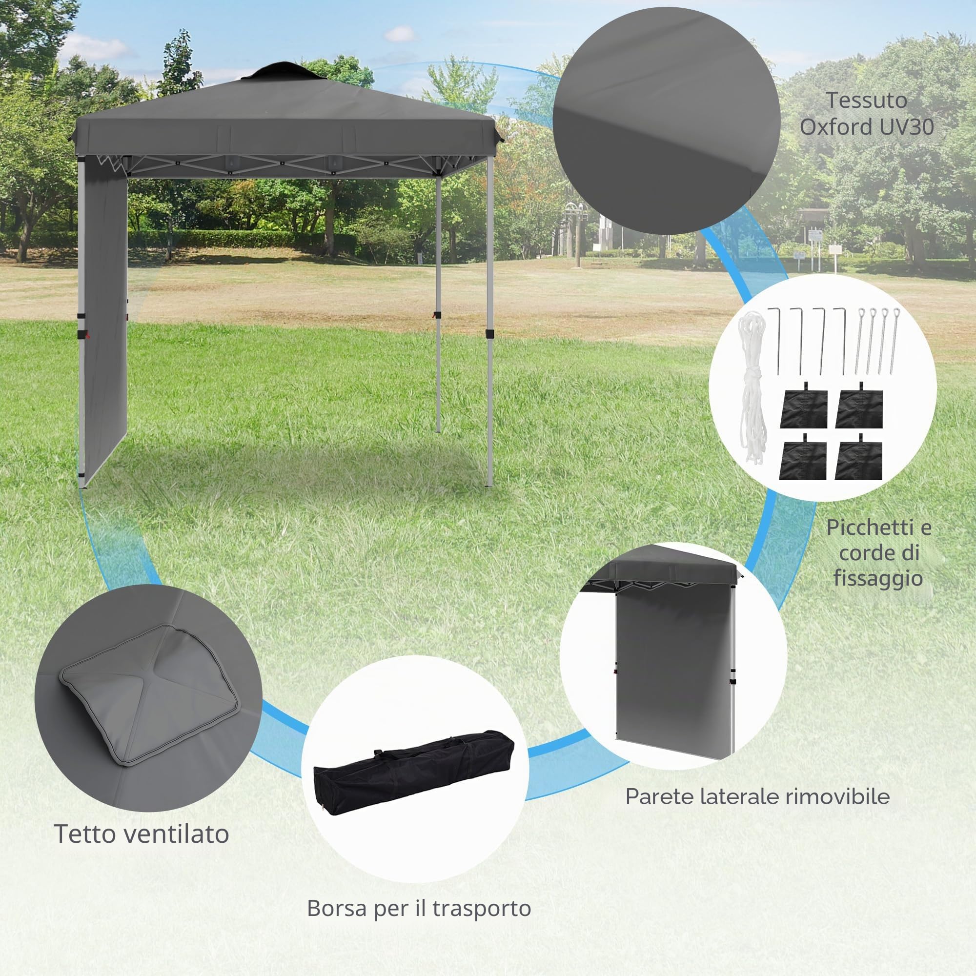 Outsunny Tenda pieghevole 2,5x2,5 m Gazebo da giardino con 1 parete laterale regolabile in altezza in 3 livelli Anti-UV impermeabile e sacchetto di sabbia Gazebo per campeggio all'aperto feste Grigio