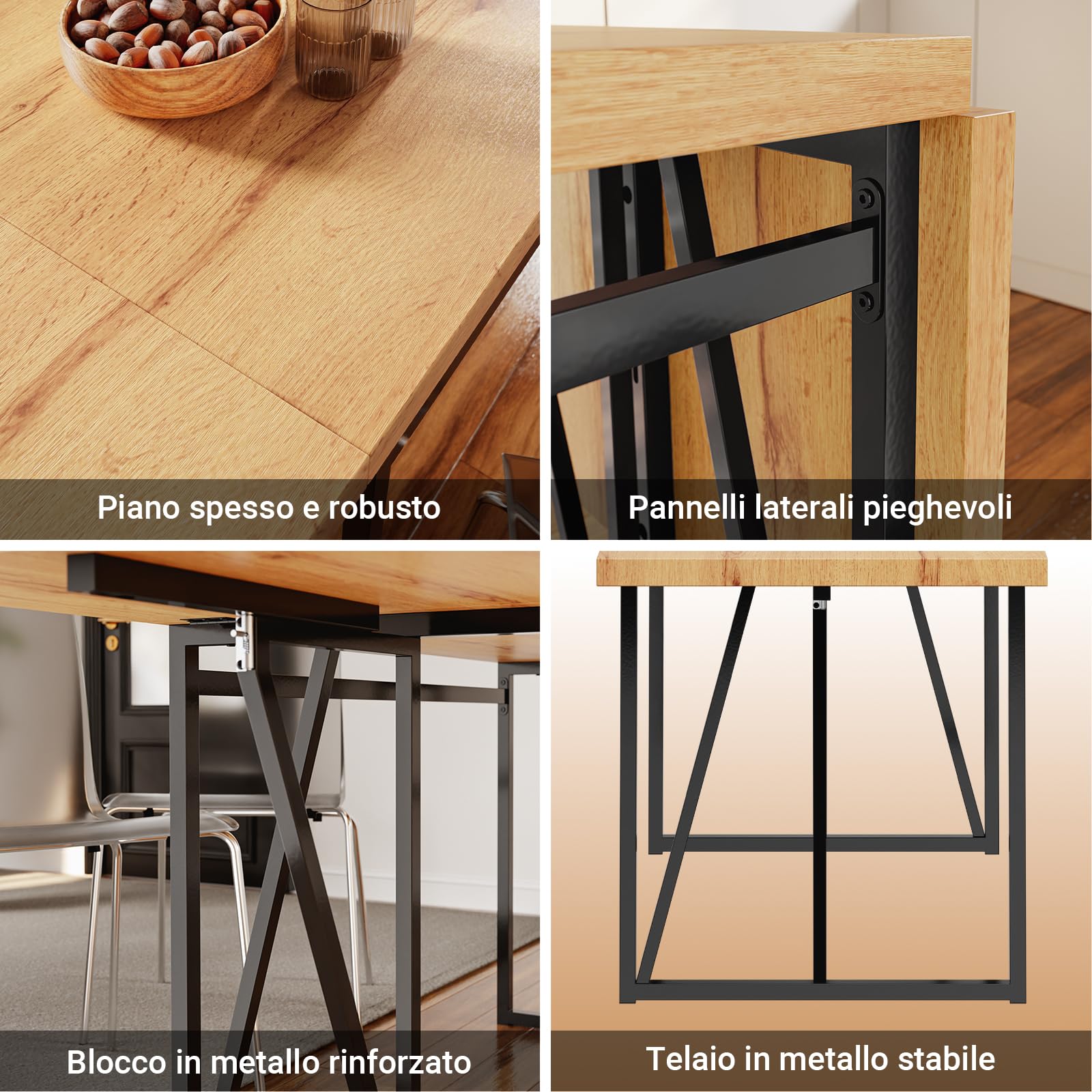 SoBuy Tavolo pieghevole e allungabile per 2-8, 65x(110-200) x76cm | Tavolo da pranzo salvaspazio, piano effetto legno stabile e telaio in metallo, per cucina, sala da pranzo e studio, FWT113-N
