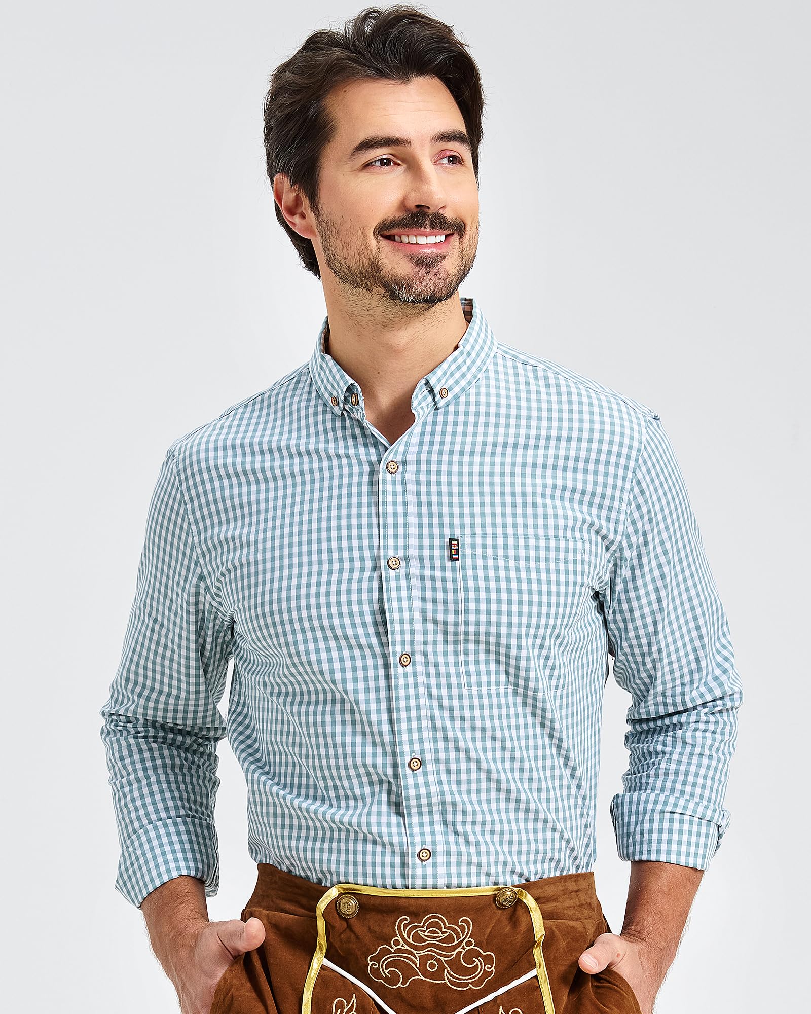 Trachtenhemd Herren Oktoberfest Kariertes Hemd Langarm Baumwolle Traditionell Freizeithemd Comfort Fit in Rot Grün Blau XS-3XL
