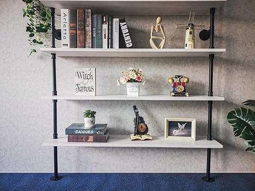 Miniatura 116 de Estantería industrial de 5 niveles, estantería rústica de tubería de metal de madera montada en la pared para sala de estar (marrón envejecido, 10