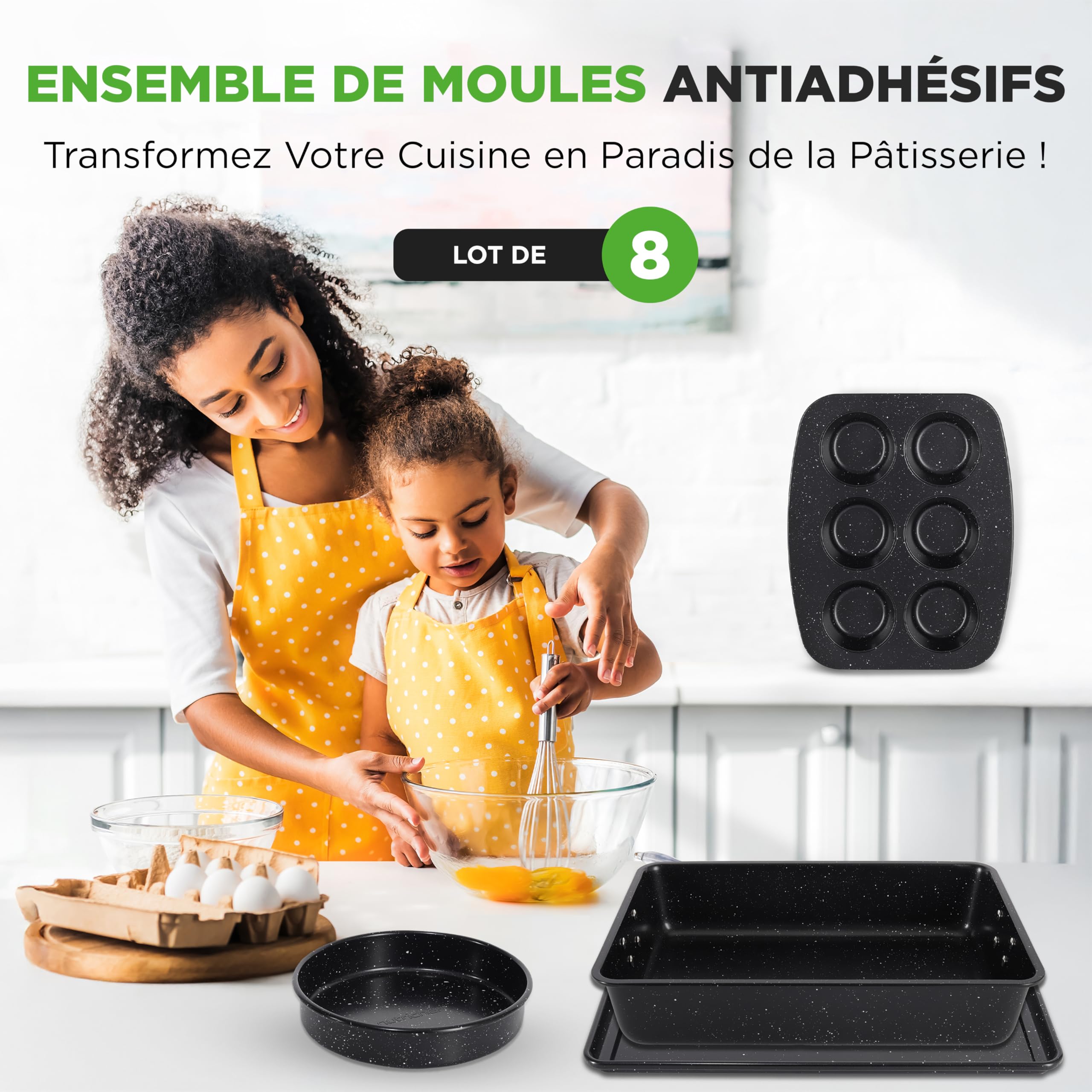 NutriChef Ensemble de Moules à Pâtisserie Empilables 8 Pièces,Plaque de Cuisson, Moule à Muffins, Rond, à Cake, Carré & Profond, Acier au Carbone Antiadhésif Haute Qualité, Four ≤230 °C, Marbre Noir