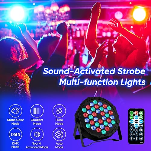 Miniatura 4 de Luces LED para escenario DJ Par, 36 luces RGB para fiesta con control remoto activado por sonido, 7 modos de iluminación estroboscópica para