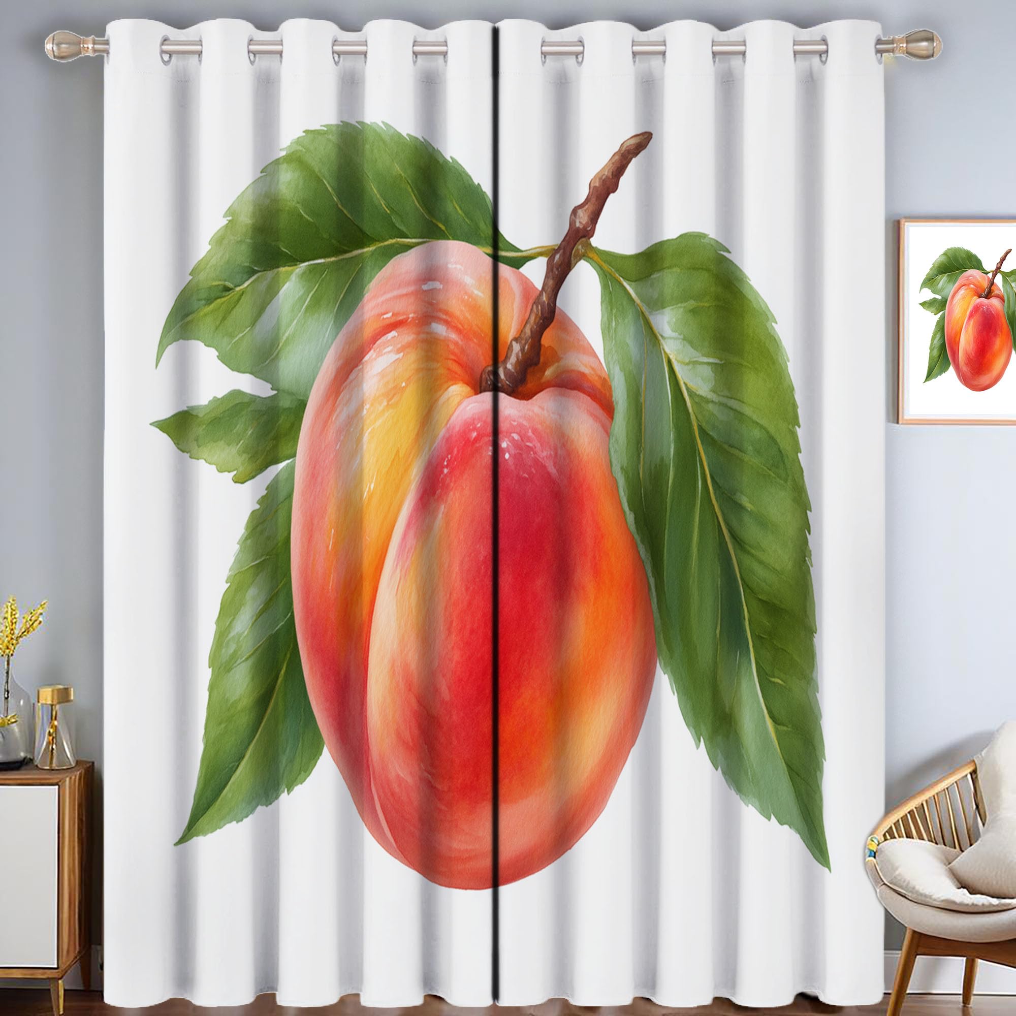 Einfaches Obst Verdunkelungsvorhänge Mit Ösen | Orangerot Realistische Nektarinen Vorhänge Blickdichte Für Wohnzimmer Schlafzimmer, Sichtschutz H214 X B91.5 cm (2Er Pack)