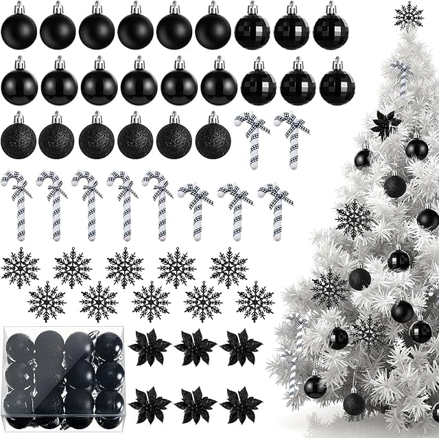 50 Pcs Christmas Tree Decorations Small Christmas Baubles Artificial Black Glitter Snowflake Hanging Decorations Poinsettia Flowers Glitter Candy Cane Ornaments for Xmas Tree Topper Outdoor Home Decor