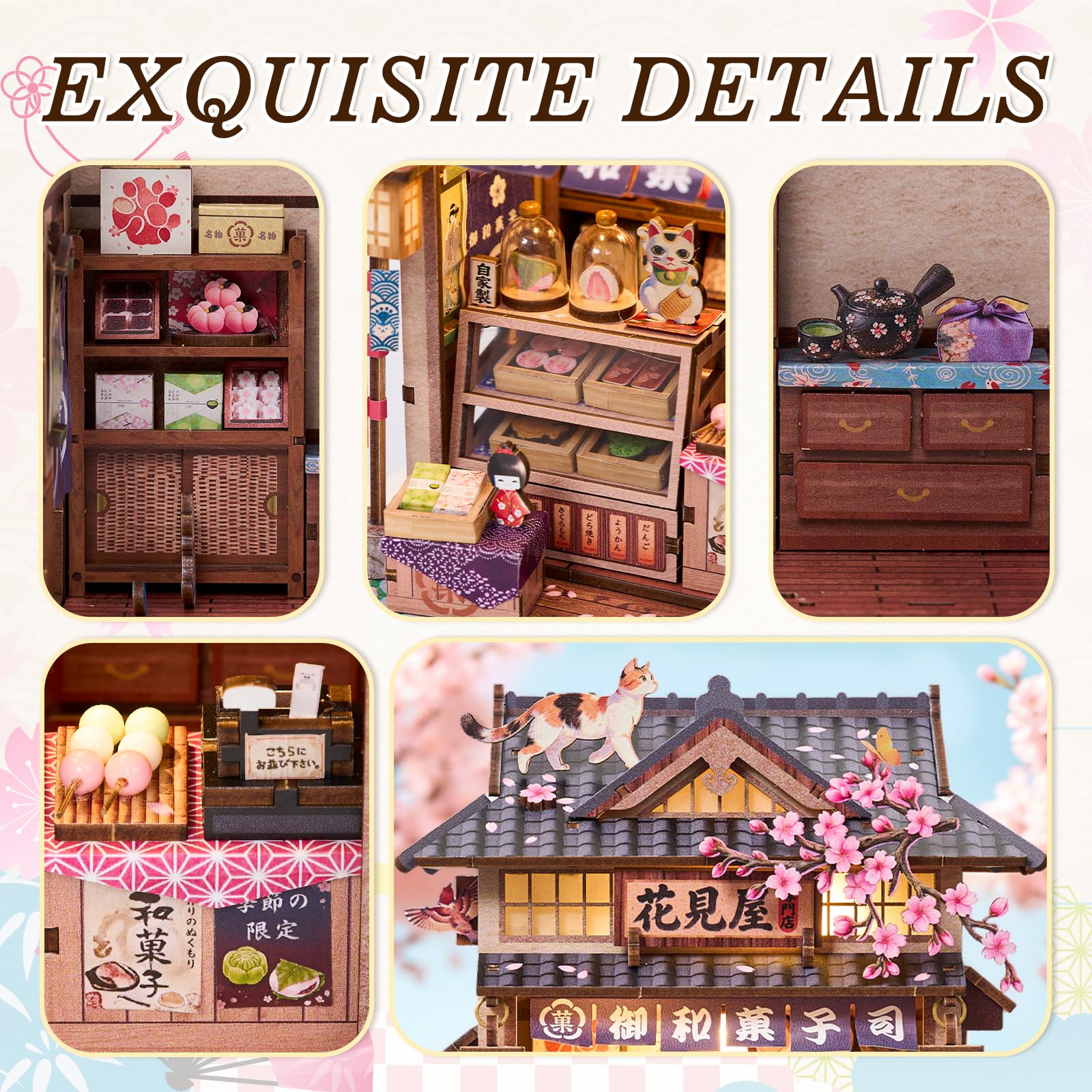 Hanamiya - Kit fai da te per casa delle bambole in miniatura, puzzle 3D in legno con luce LED, fiori di ciliegio e mobili, decorazione accogliente per la casa, hobby rilassante per adulti