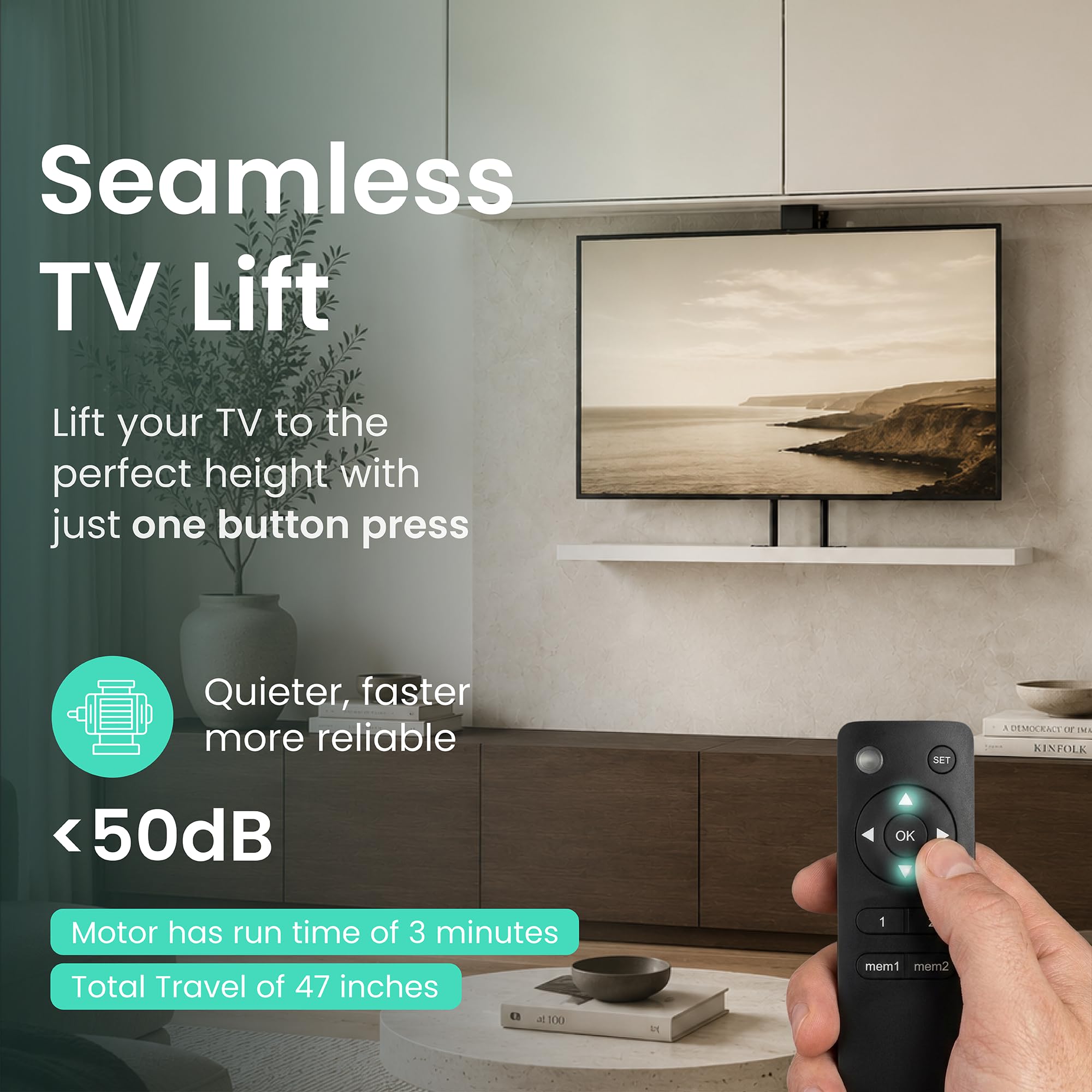 ynVISION.DESIGN Supporto motorizzato per TV da 43 a 88 pollici, distanza di viaggio da 47 pollici, telecomando RF e controllo vocale WiFi, installazione a pavimento/soffitto, max VESA 600 x 400