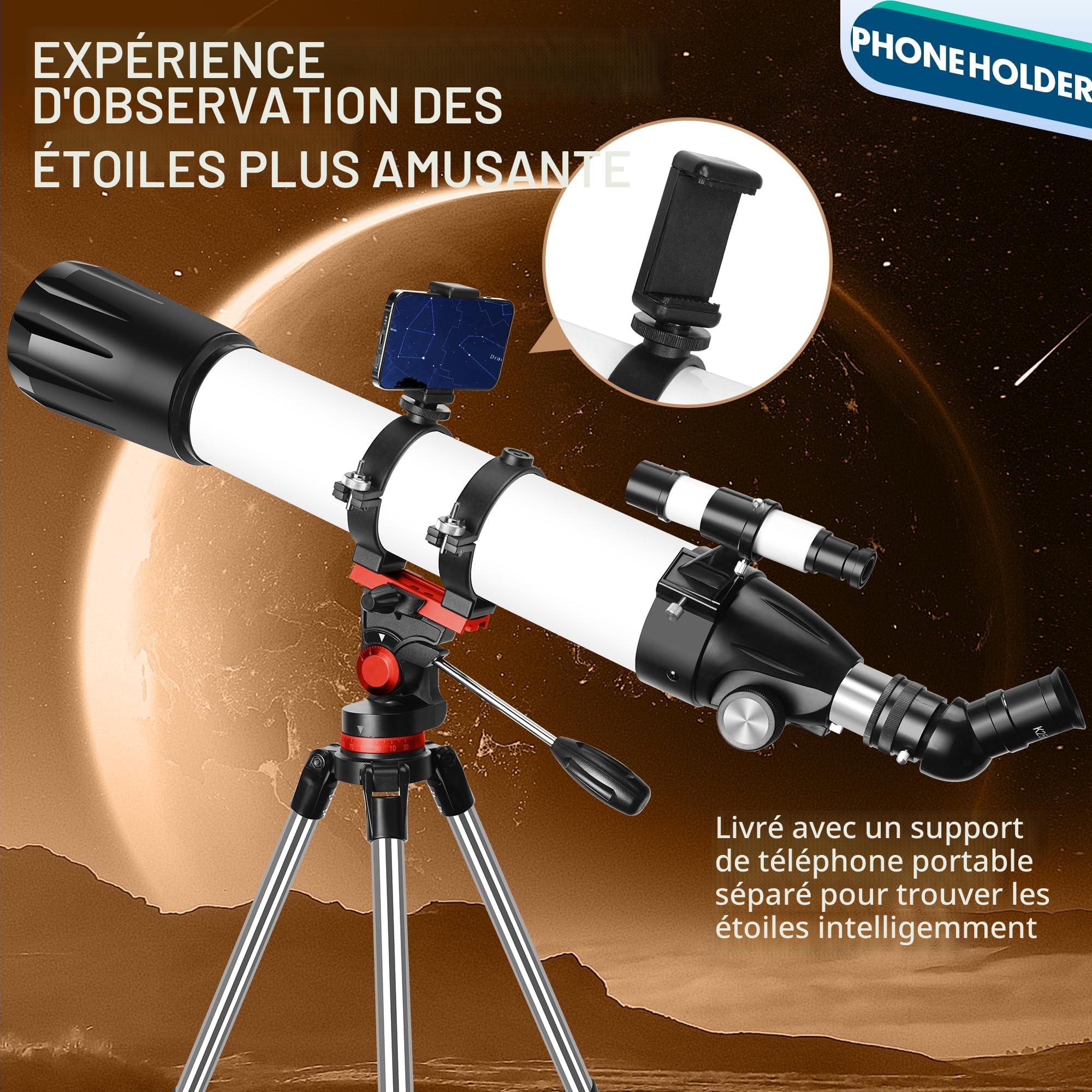 Dianfan Télescope,90 mm Ouverture 800 Telescope Astronomique Adulte,32X-240X Portable Réfracteur Télescopes pour Enfants et Débutants avec Adaptateur, Monture AZ et Trépied en INOX,Sac de Transport