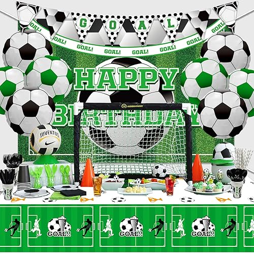 Miniatura 3 de Decoraciones de fiesta de fútbol 3 manteles rectangulares de fútbol, 8 globos de fútbol de aluminio, cubierta de mesa desechable para eventos