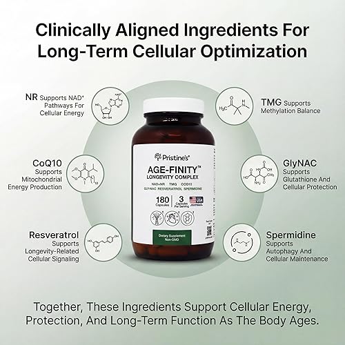 Miniatura 3 de PRISTINE'S Age Finity NAD+ Suplemento de optimización celular - NAD, NR, TMG, CoQ10, GlyNAC, Resveratrol, espermidina - Energía celular y apoyo