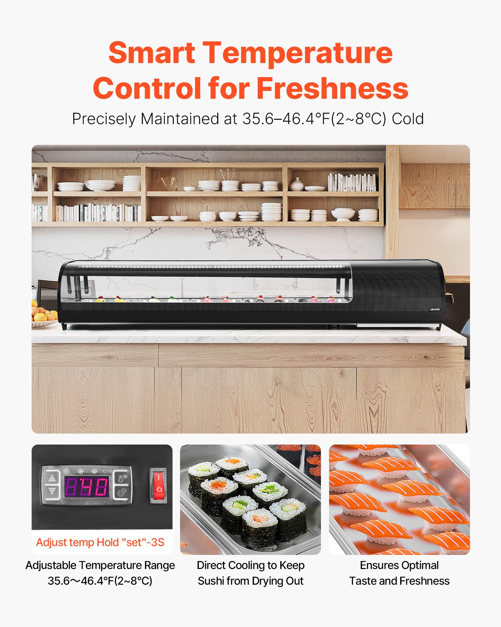 VEVOR Vetrina Refrigerata per Sushi Commerciale da 82 L, 5 Teglie con Vetro Curvo, Illuminazione a LED e Controllo Digitale della Temperatura, Frigorifero per Bancone Ristorante Negozio